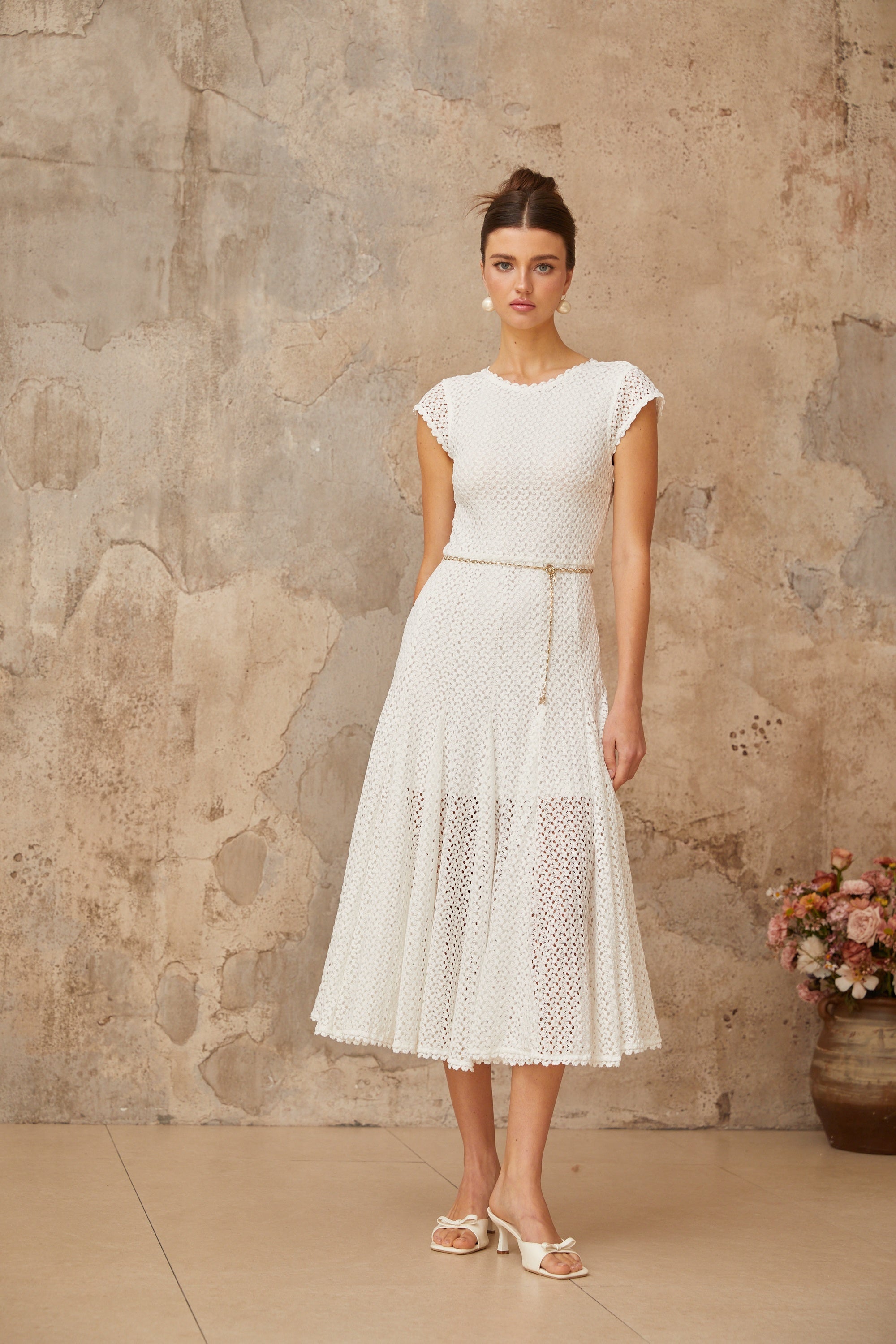 Giada white shirred crochet-knit midi dress