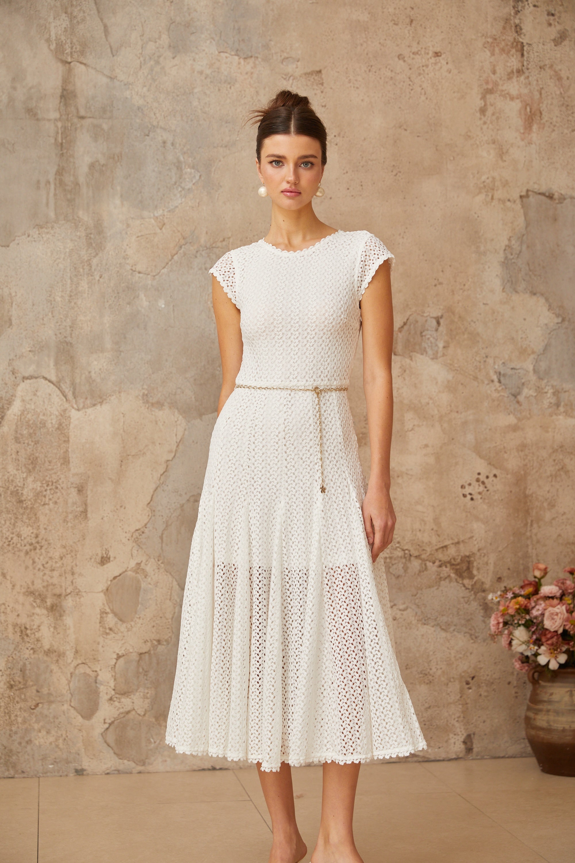Giada white shirred crochet-knit midi dress