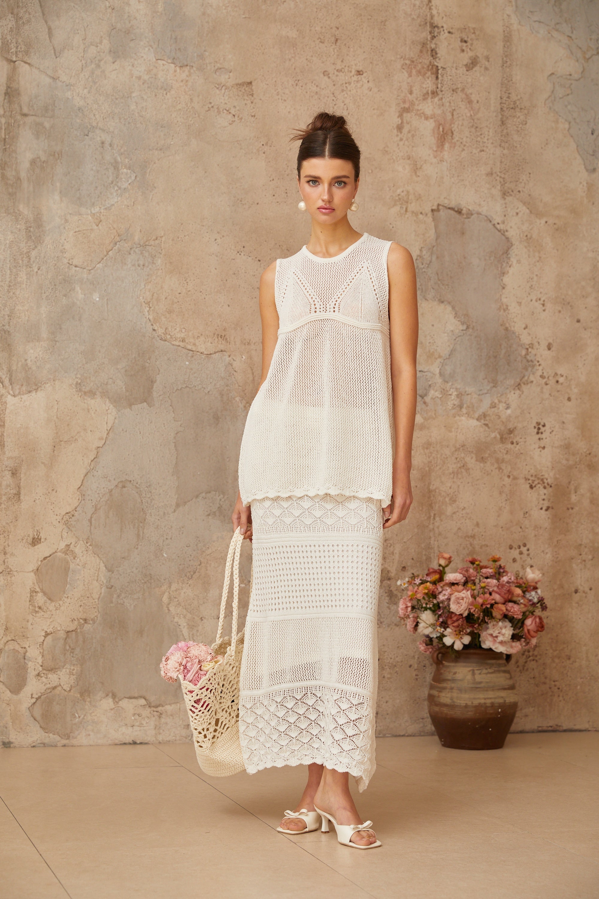 Irène white cut-out crochet-knit top & skirt matching set