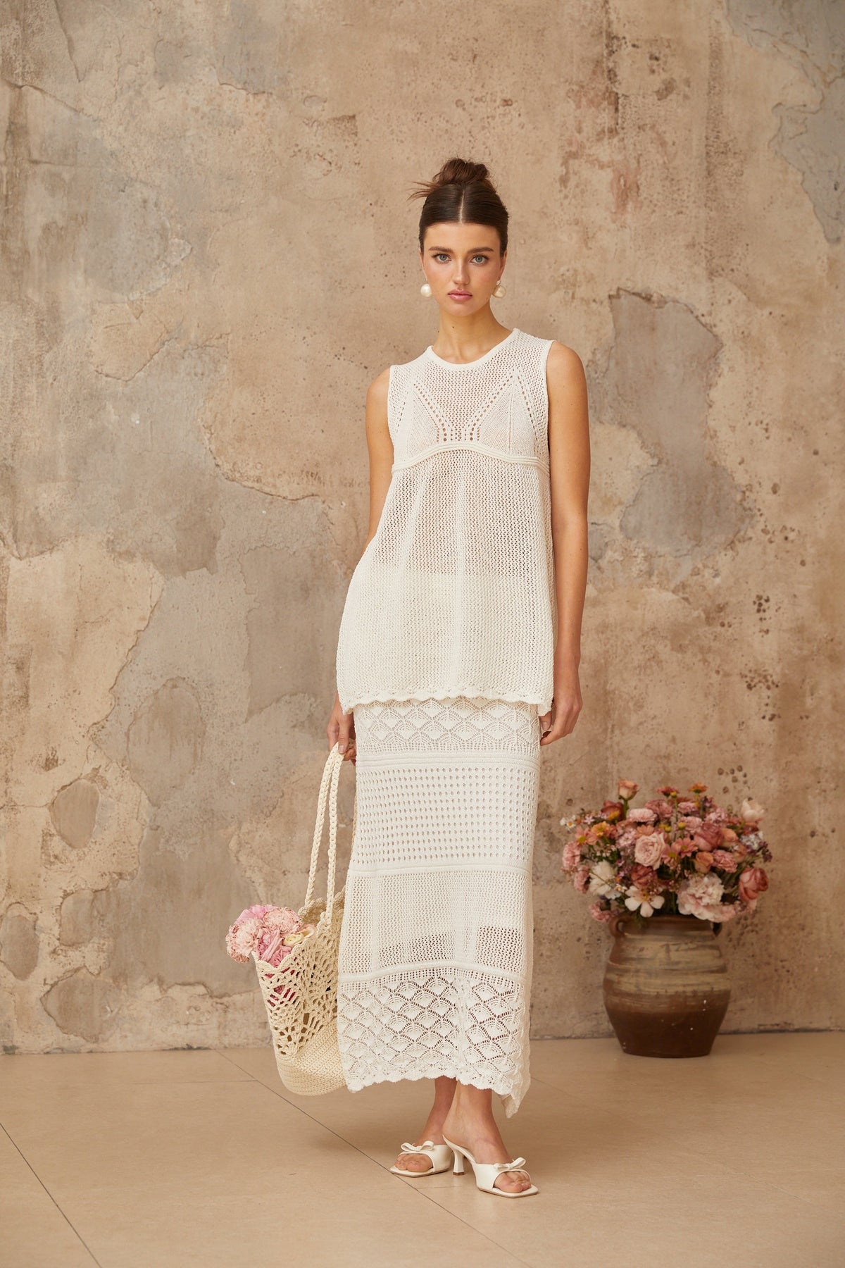 Irène white cut-out crochet-knit top & skirt matching set