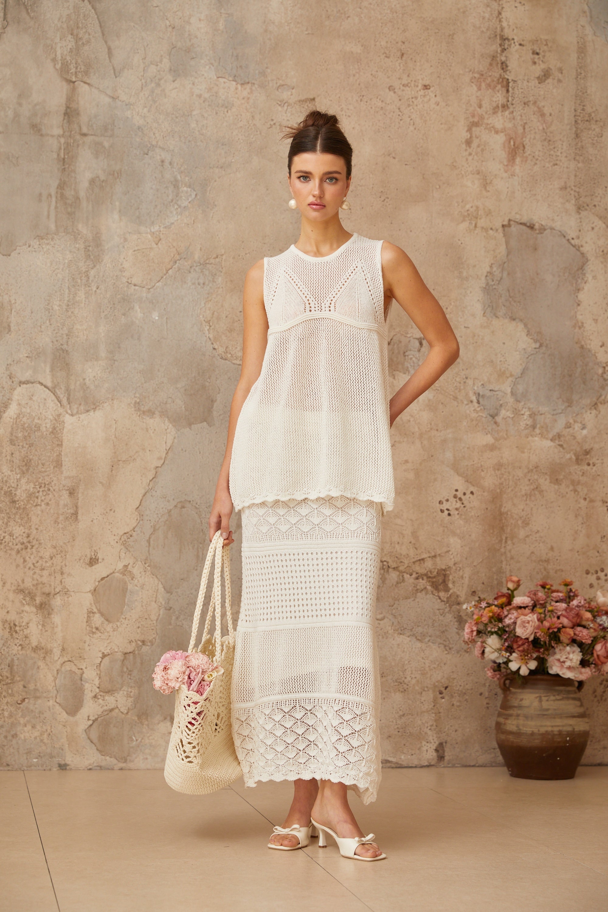 Irène white cut-out crochet-knit top & skirt matching set