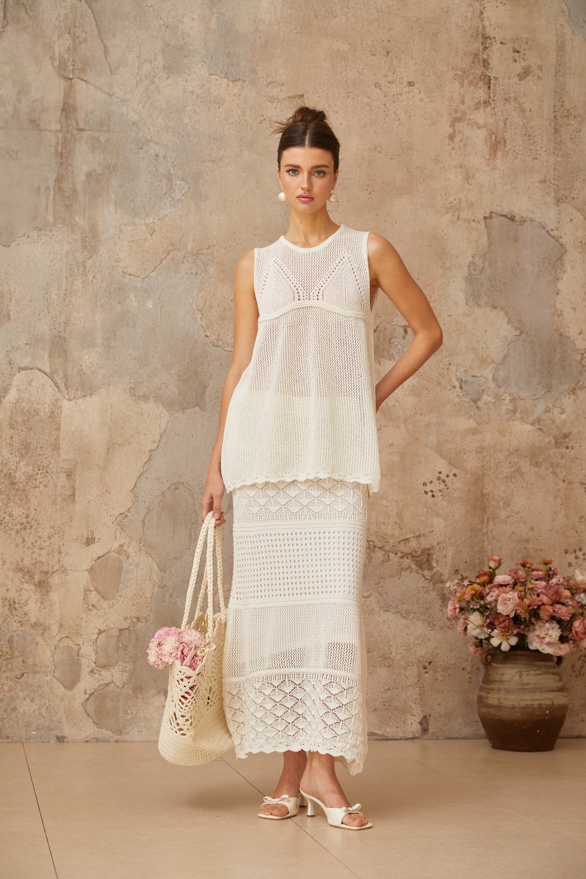 Irène white cut-out crochet-knit top & skirt matching set