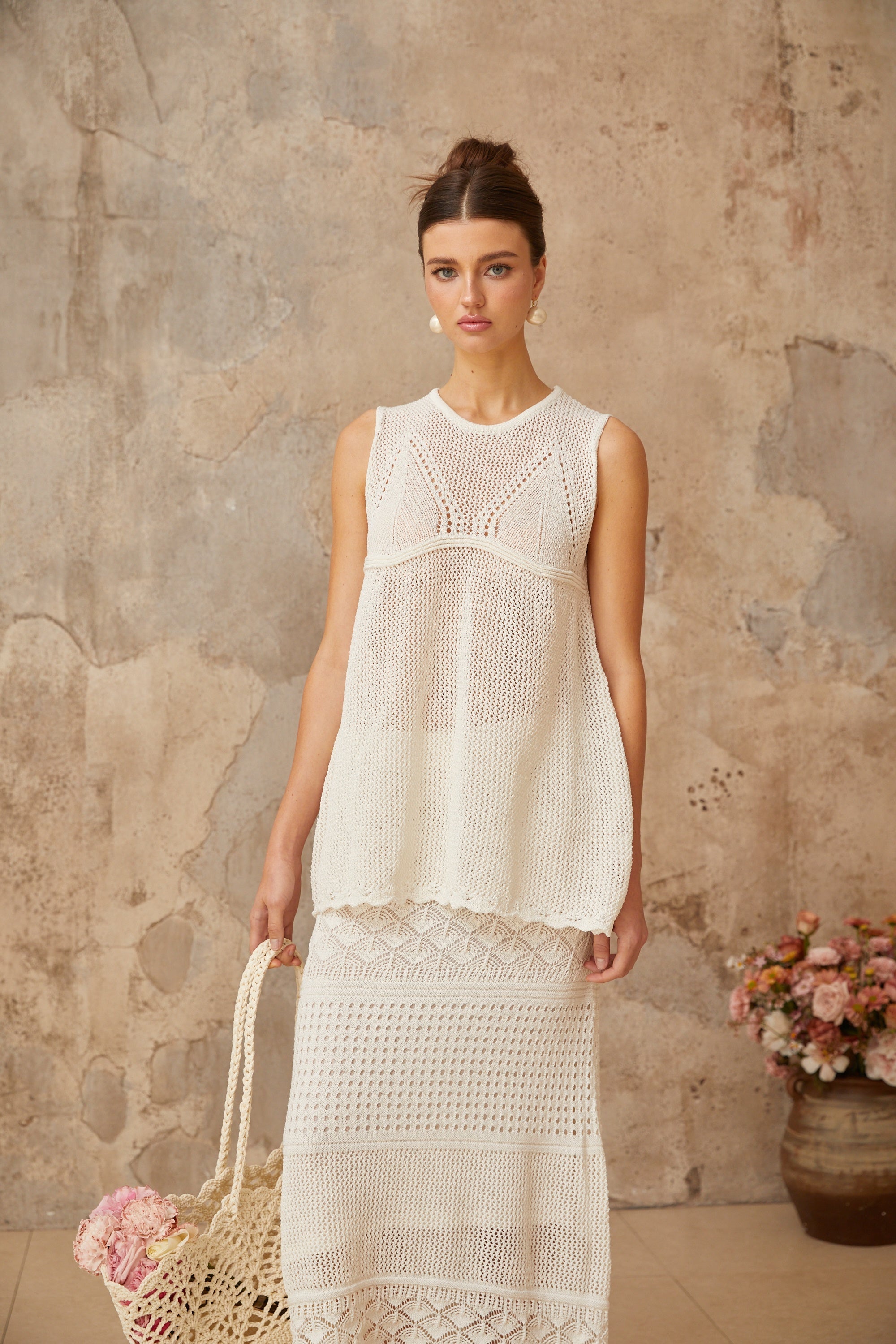 Irène white cut-out crochet-knit top & skirt matching set