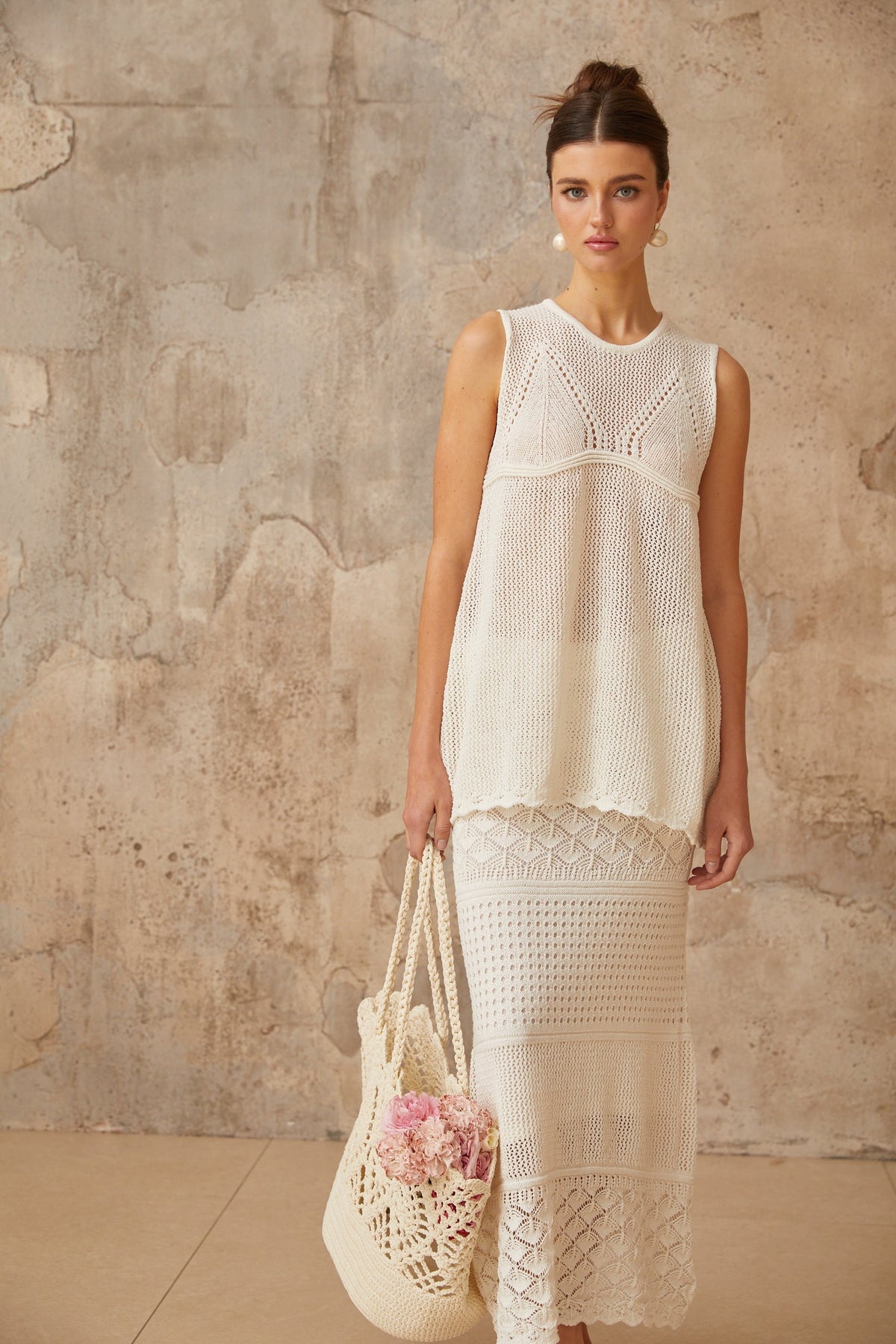 Irène white cut-out crochet-knit top & skirt matching set