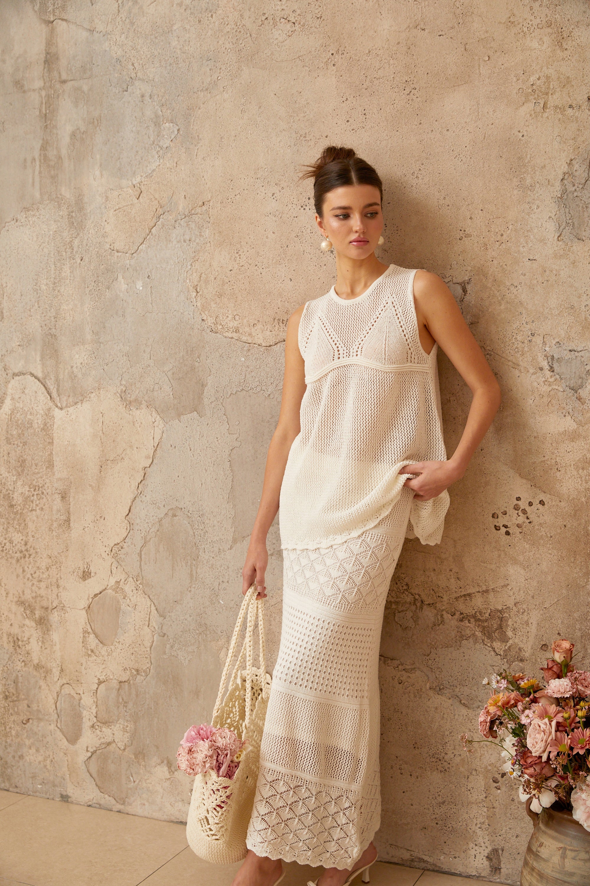 Irène white cut-out crochet-knit top & skirt matching set