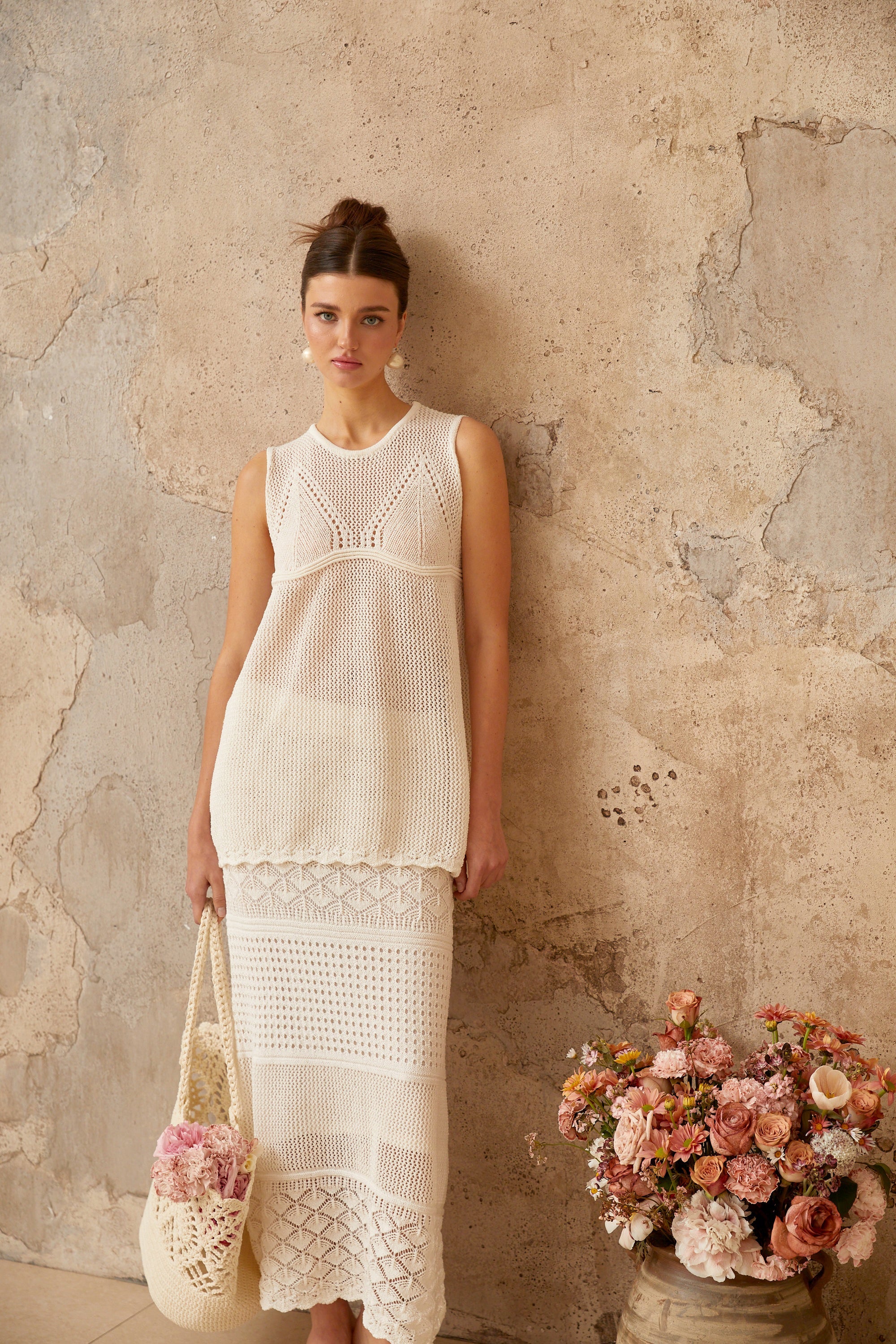 Irène white cut-out crochet-knit top & skirt matching set