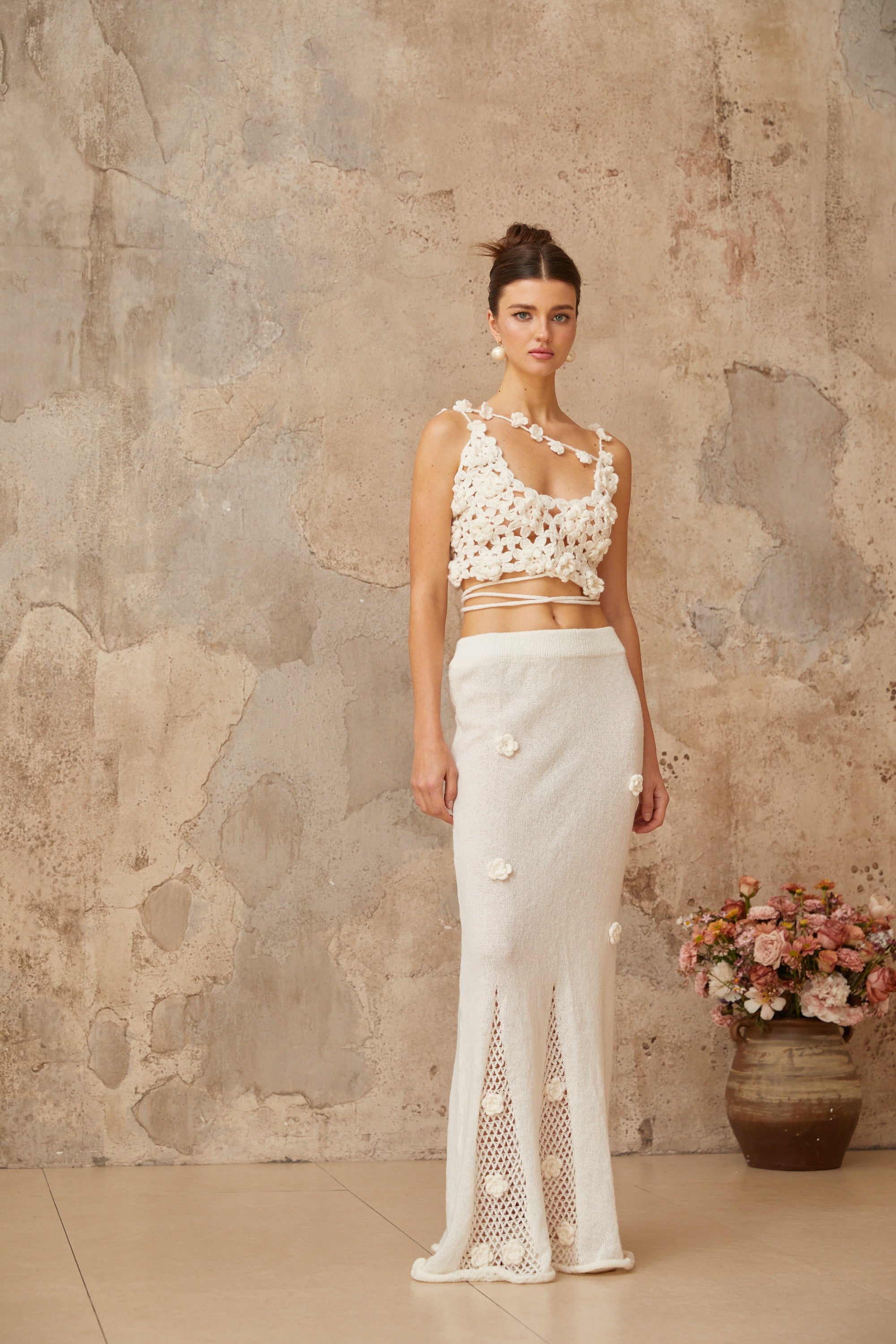 Pauline white floral appliqué top & skirt matching set