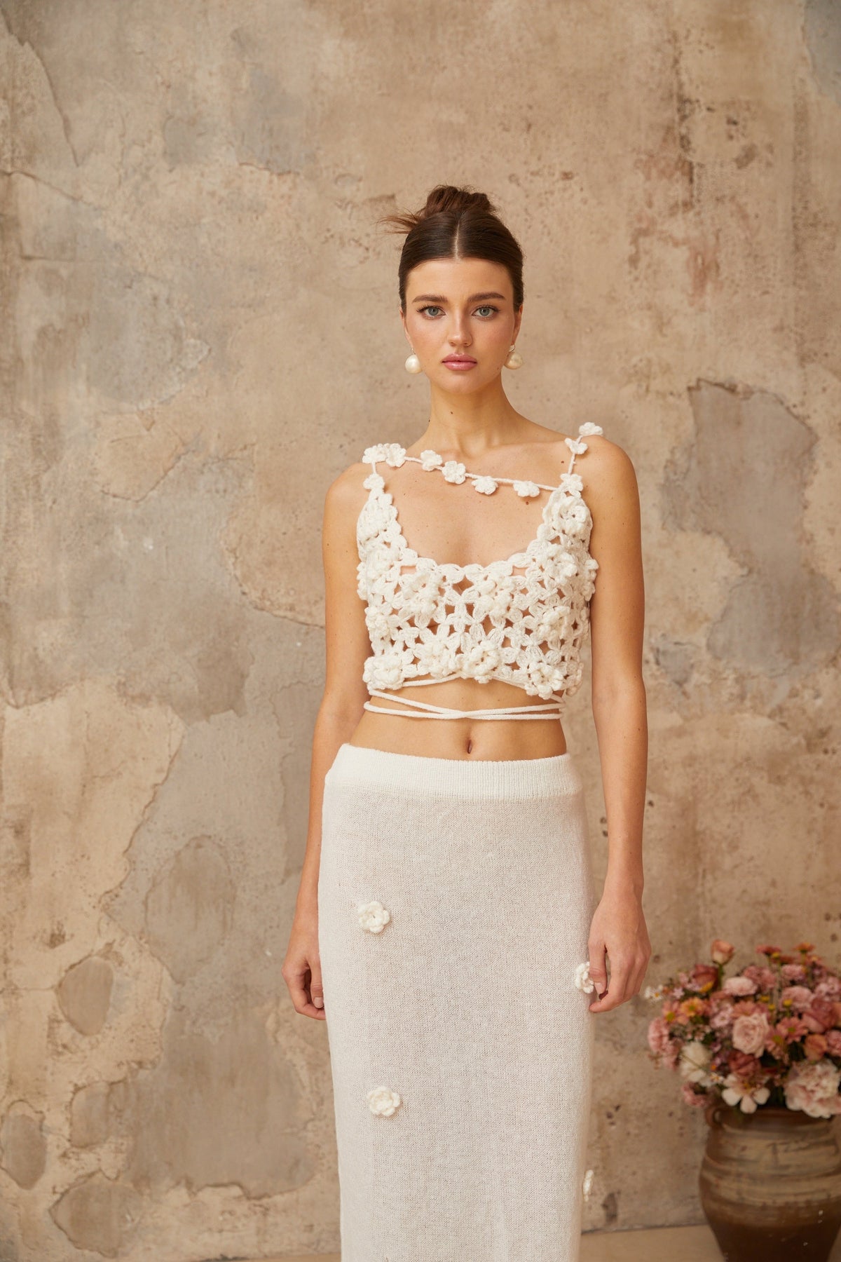 Pauline white floral appliqué top & skirt matching set