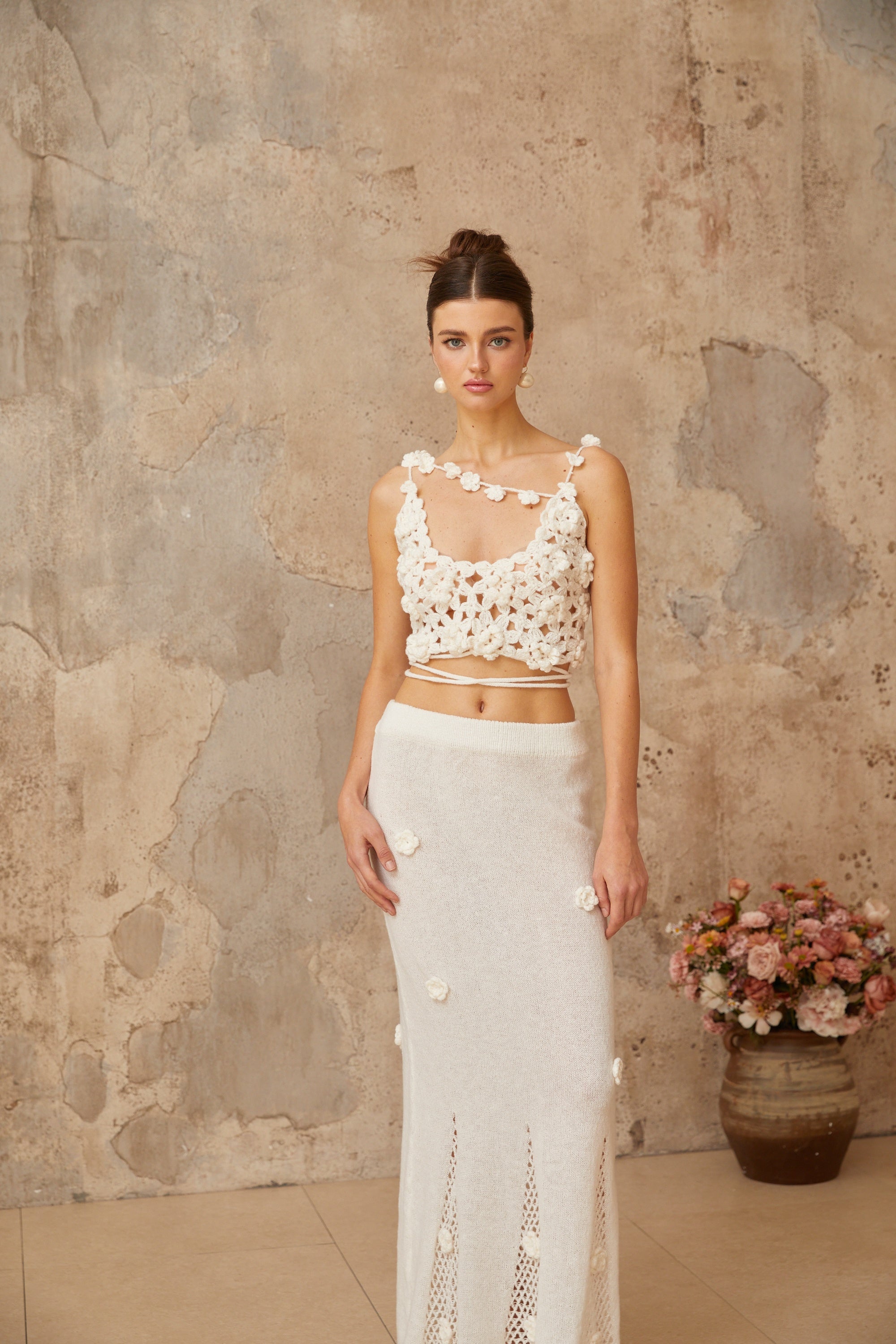 Pauline white floral appliqué top & skirt matching set
