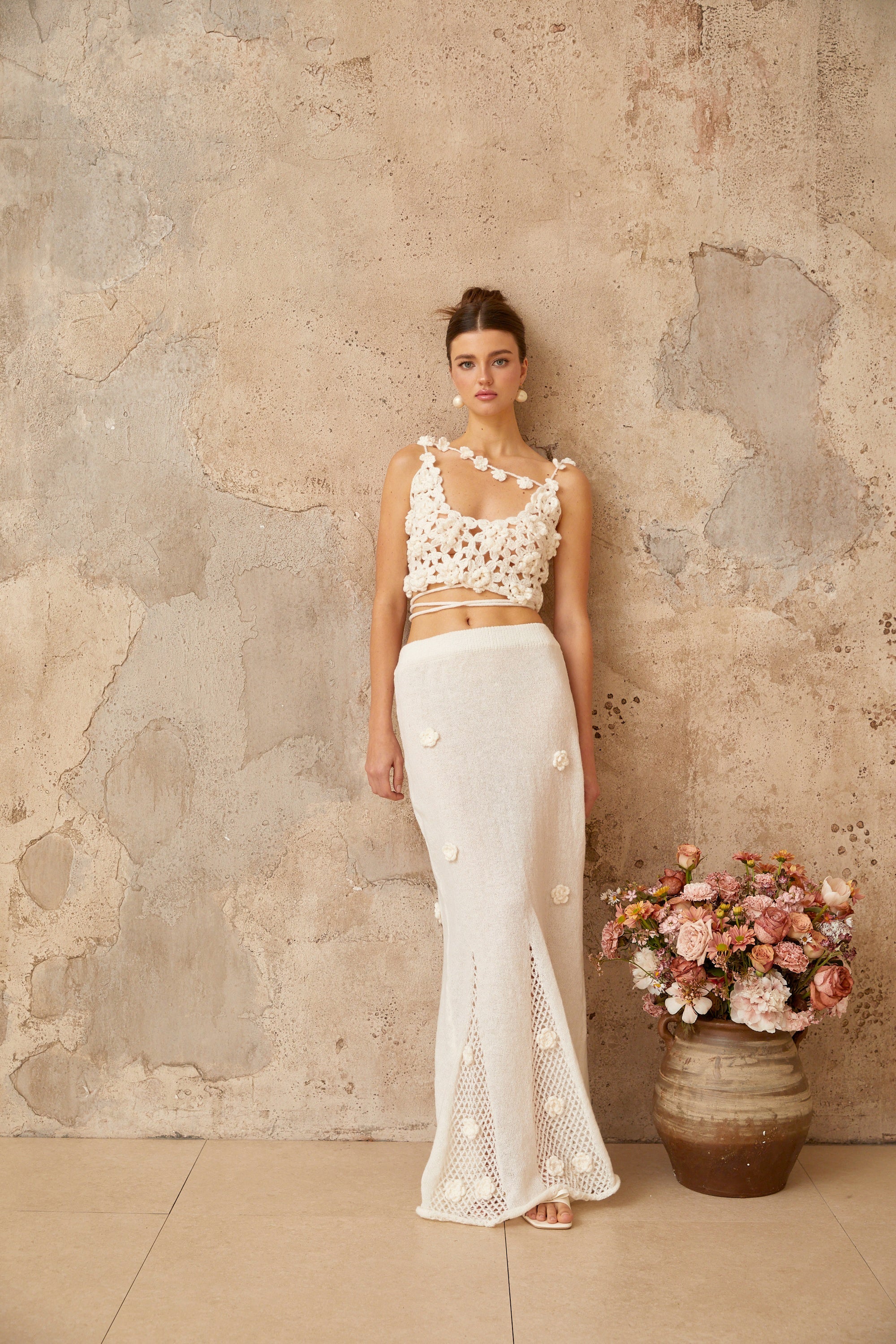 Pauline white floral appliqué top & skirt matching set