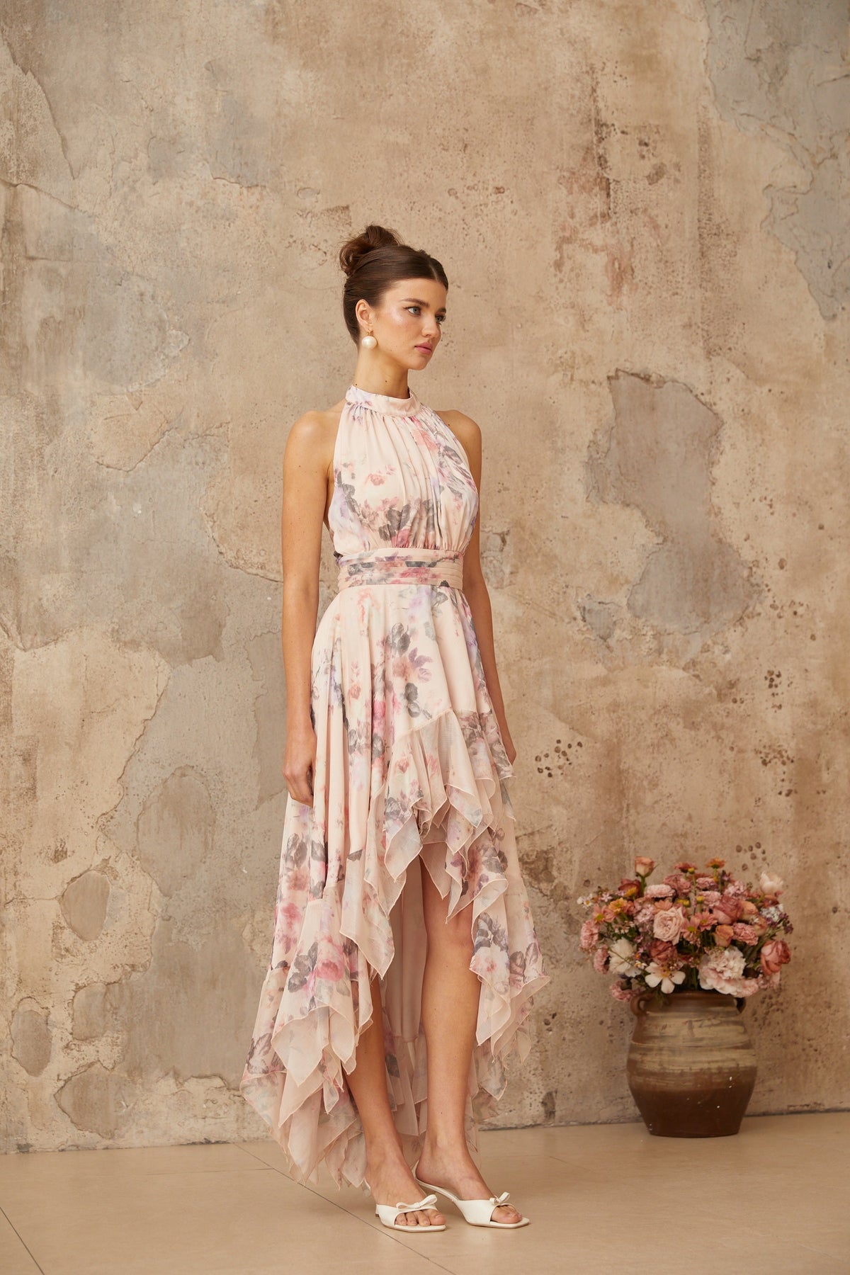 Nina pink asymmetrical floral-print maxi dress