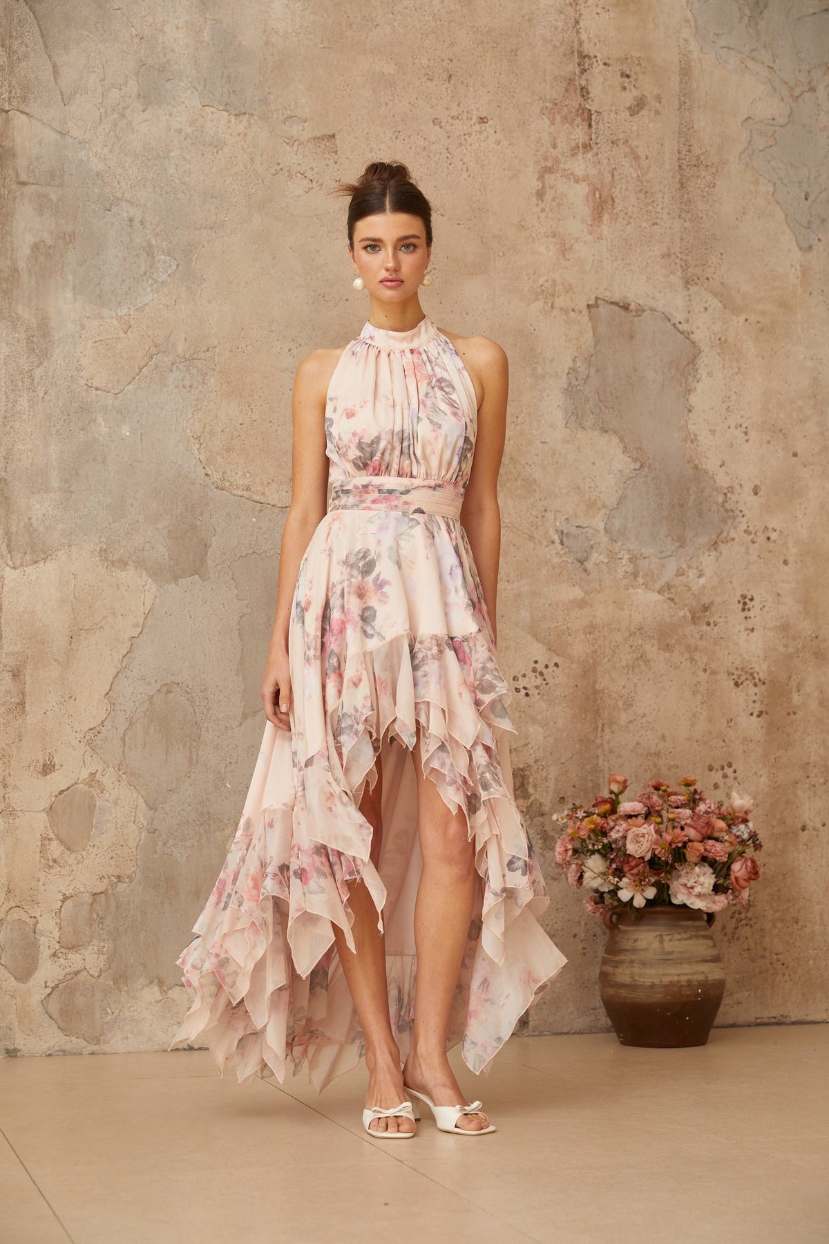 Nina pink asymmetrical floral-print maxi dress