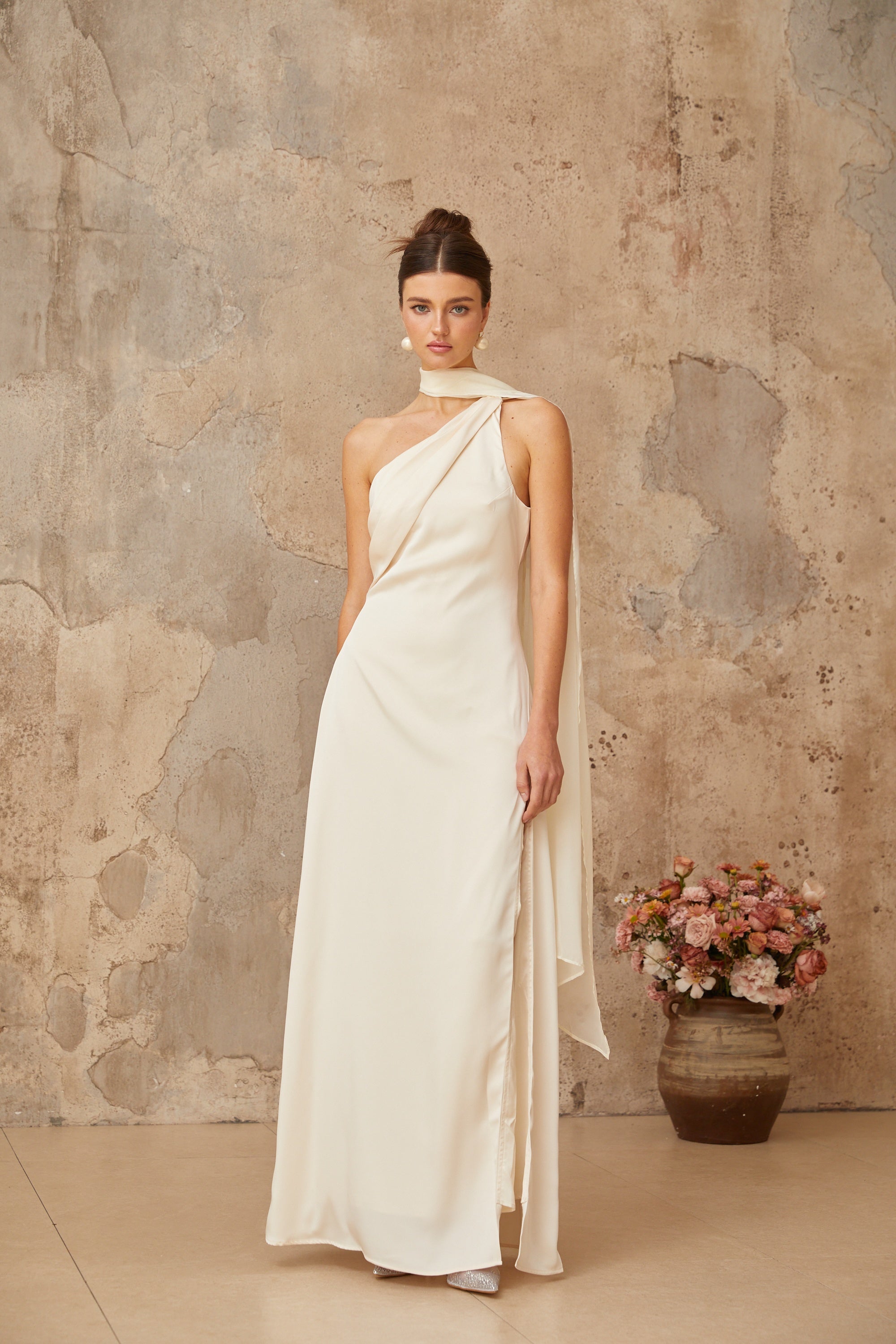 Thérèse white scarf-design satin maxi dress