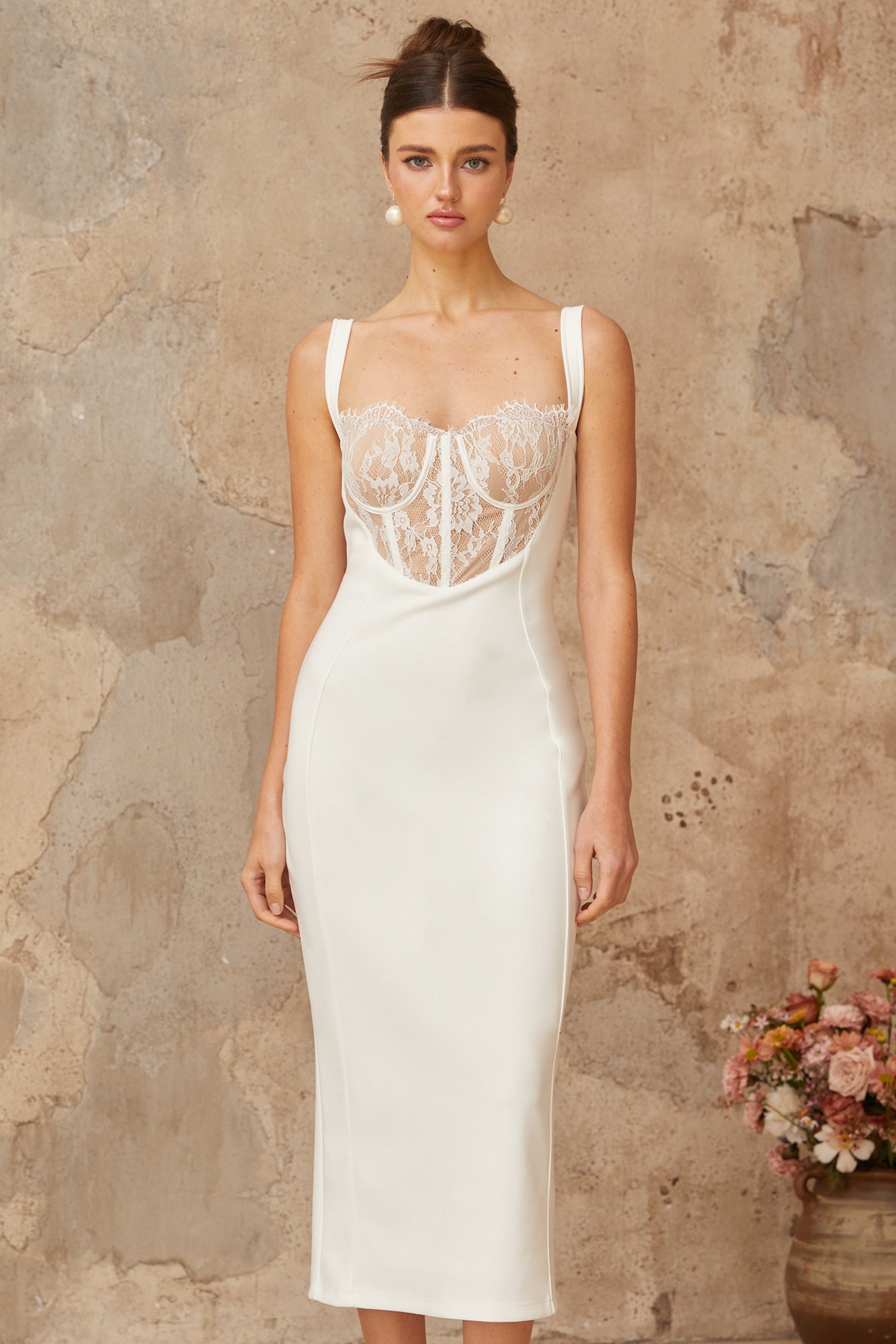 Poema white lace-panel corset midi dress (Final Sale-US Only)
