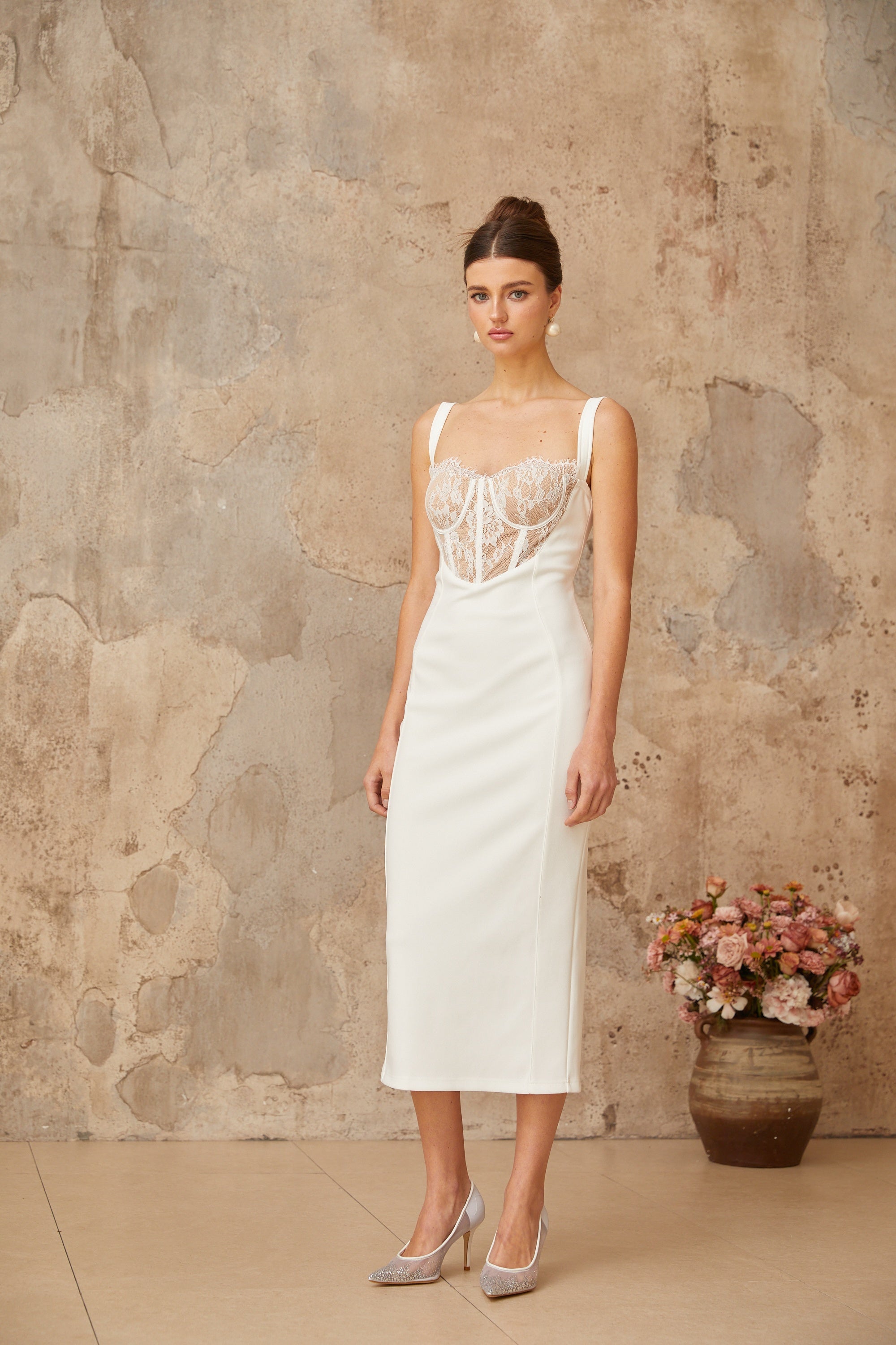 Poema white lace-panel corset midi dress (Final Sale-US Only)