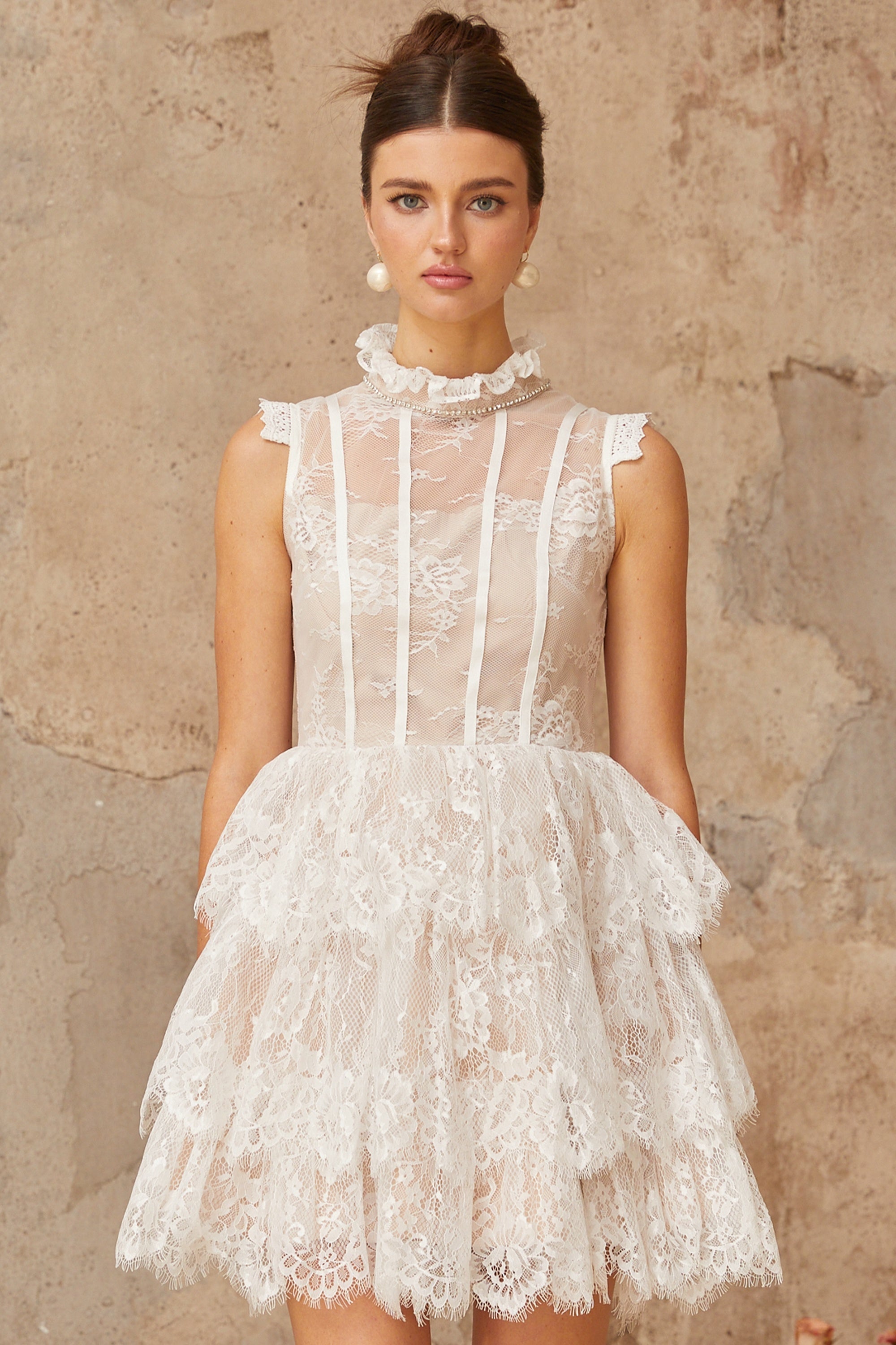 Thérèse white embellished floral-lace tiered mini dress (Final Sale-US Only)