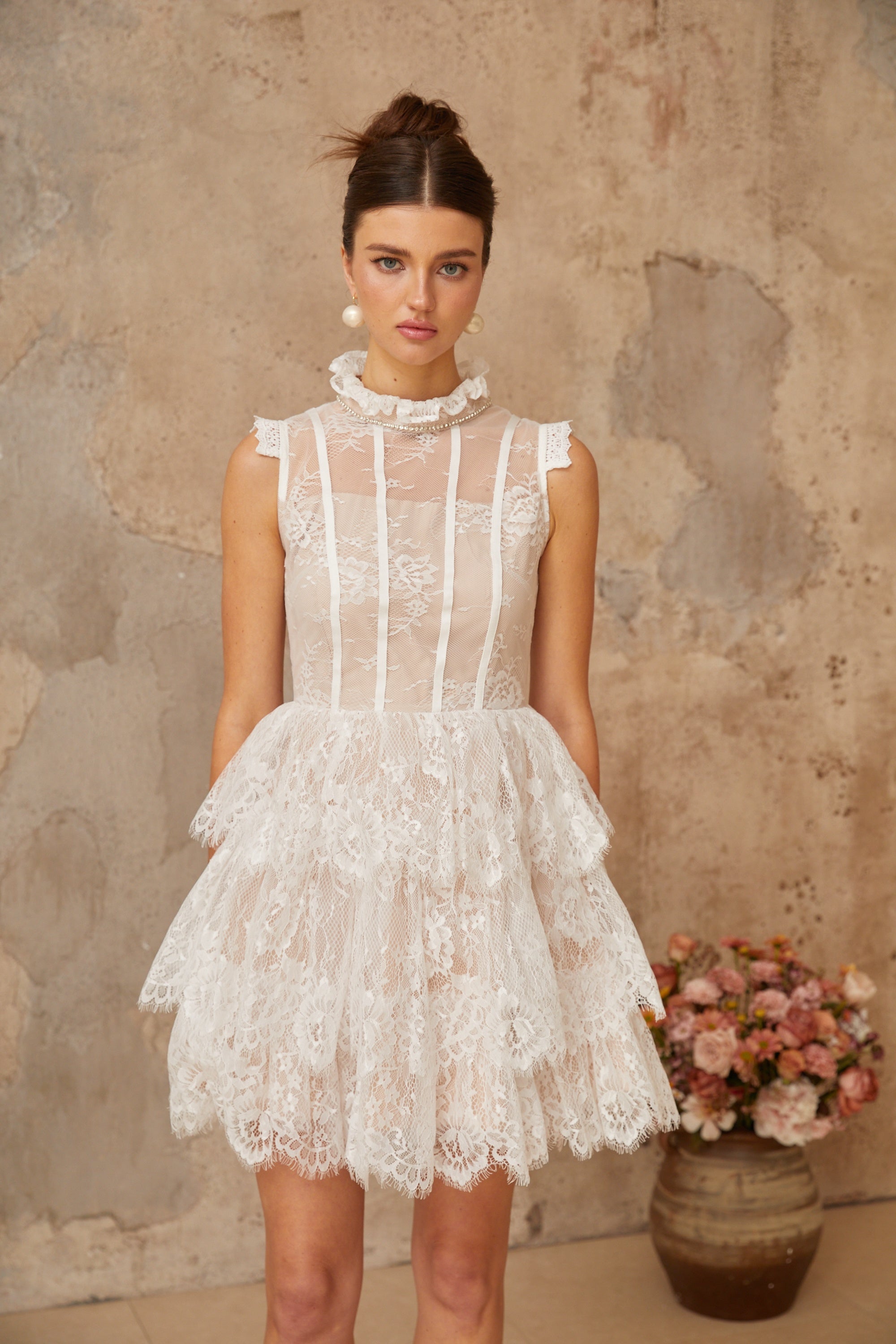 Thérèse white embellished floral-lace tiered mini dress (Final Sale-US Only)