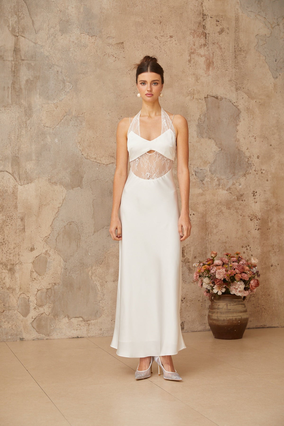 Blanche white lace-panel satin maxi dress