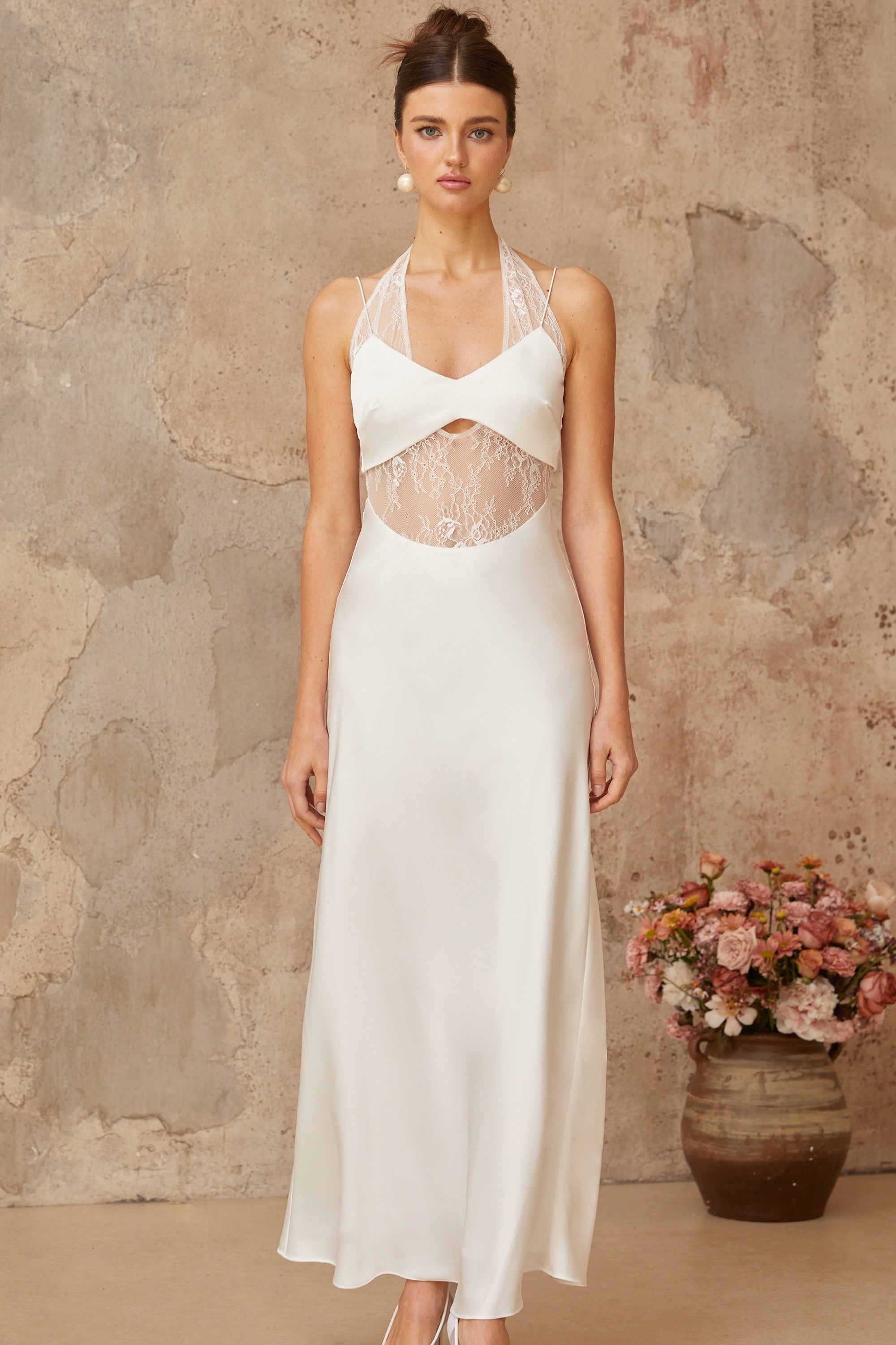 Blanche white lace-panel satin maxi dress (Final Sale-US Only)