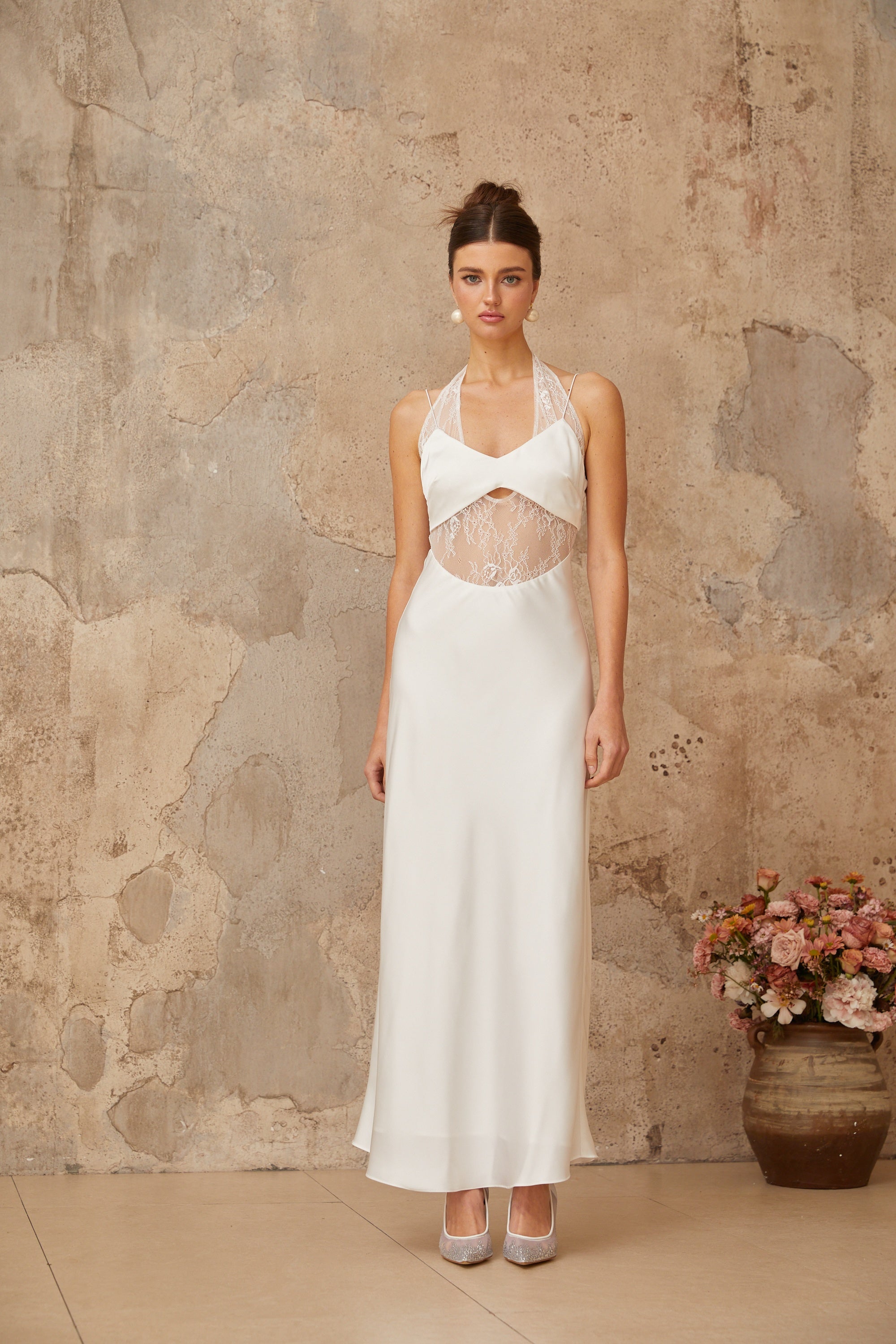 Blanche white lace-panel satin maxi dress