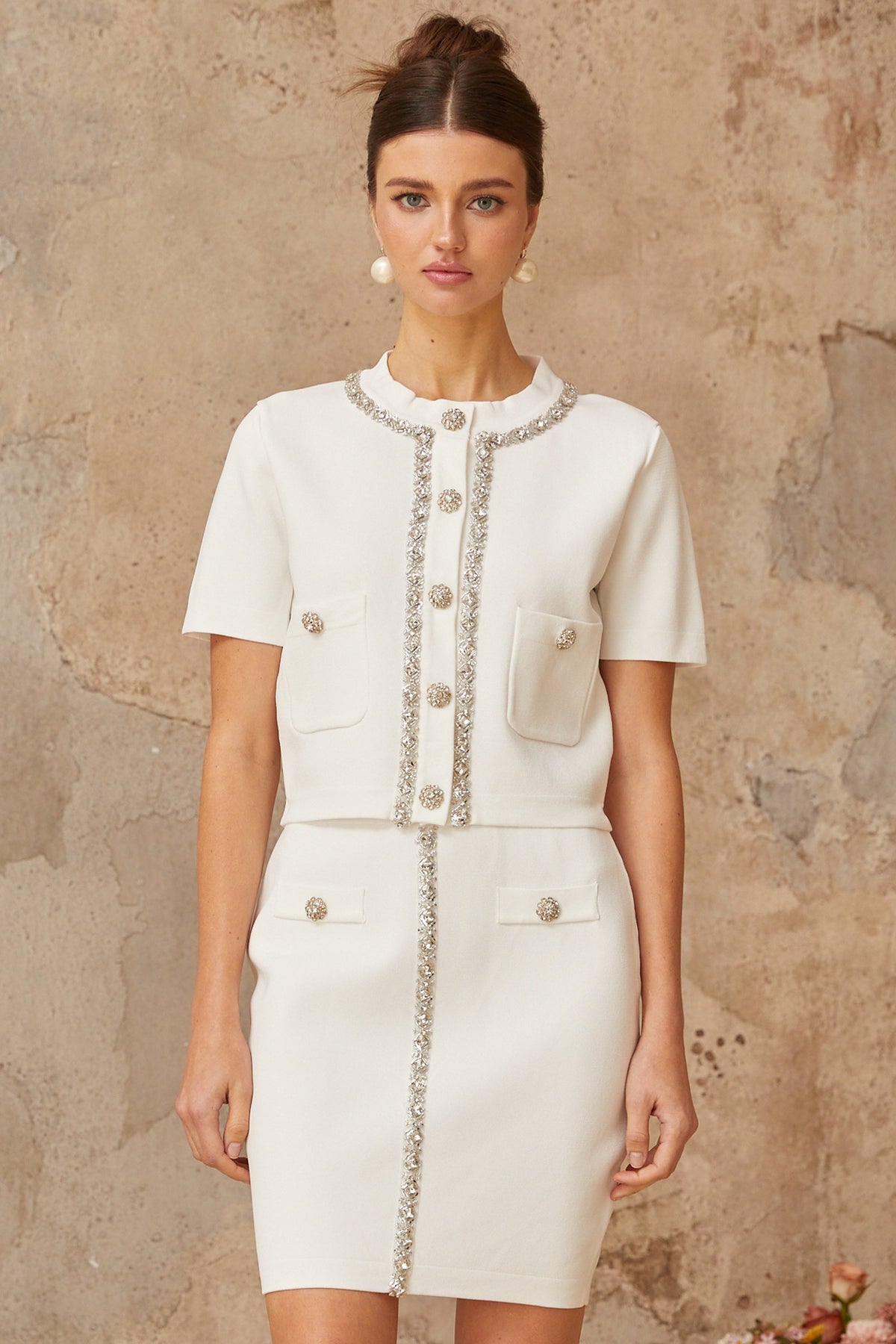 Aurore white crystal-embellished knit top & skirt matching set
