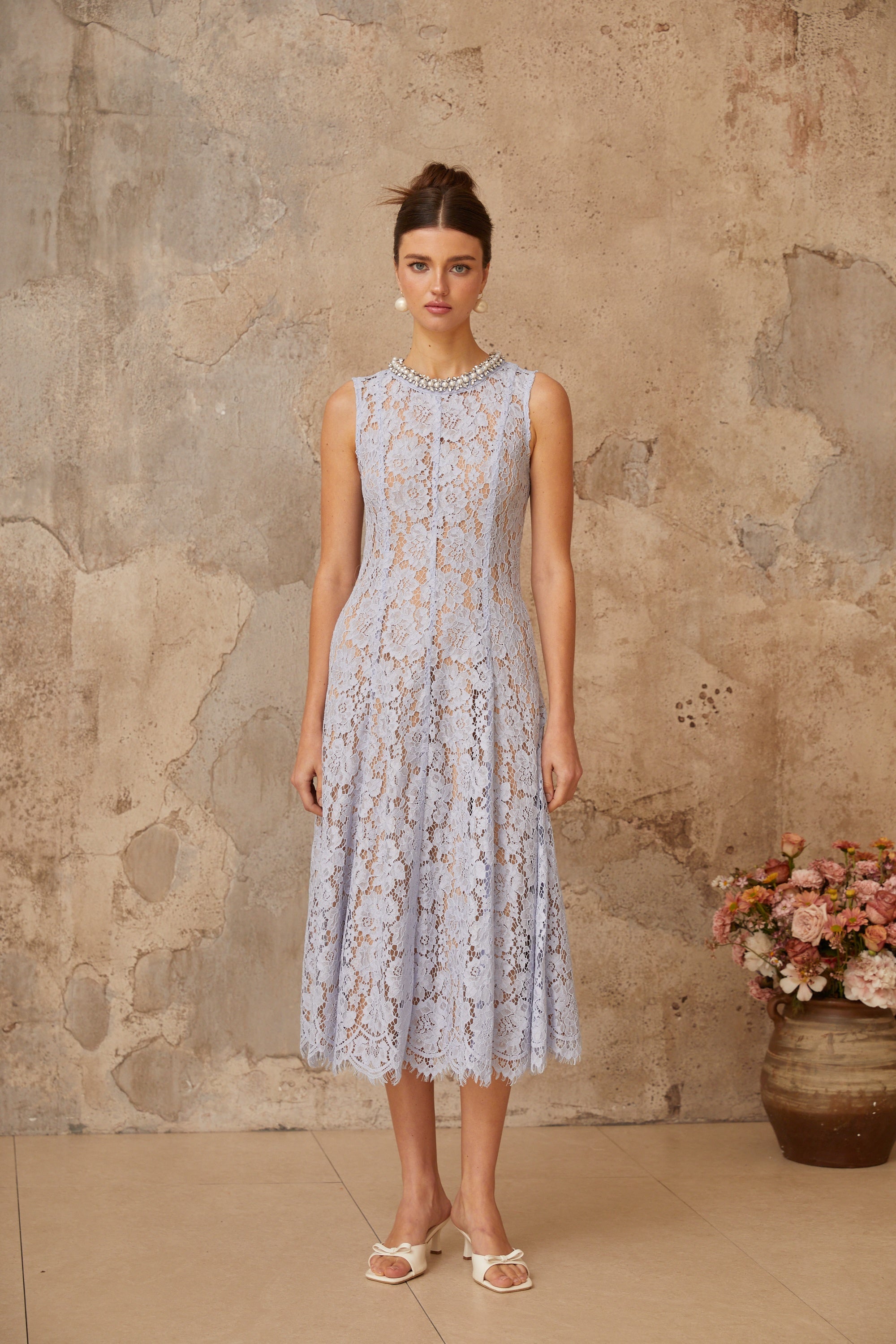 Lison blue embellished floral-lace midi dress