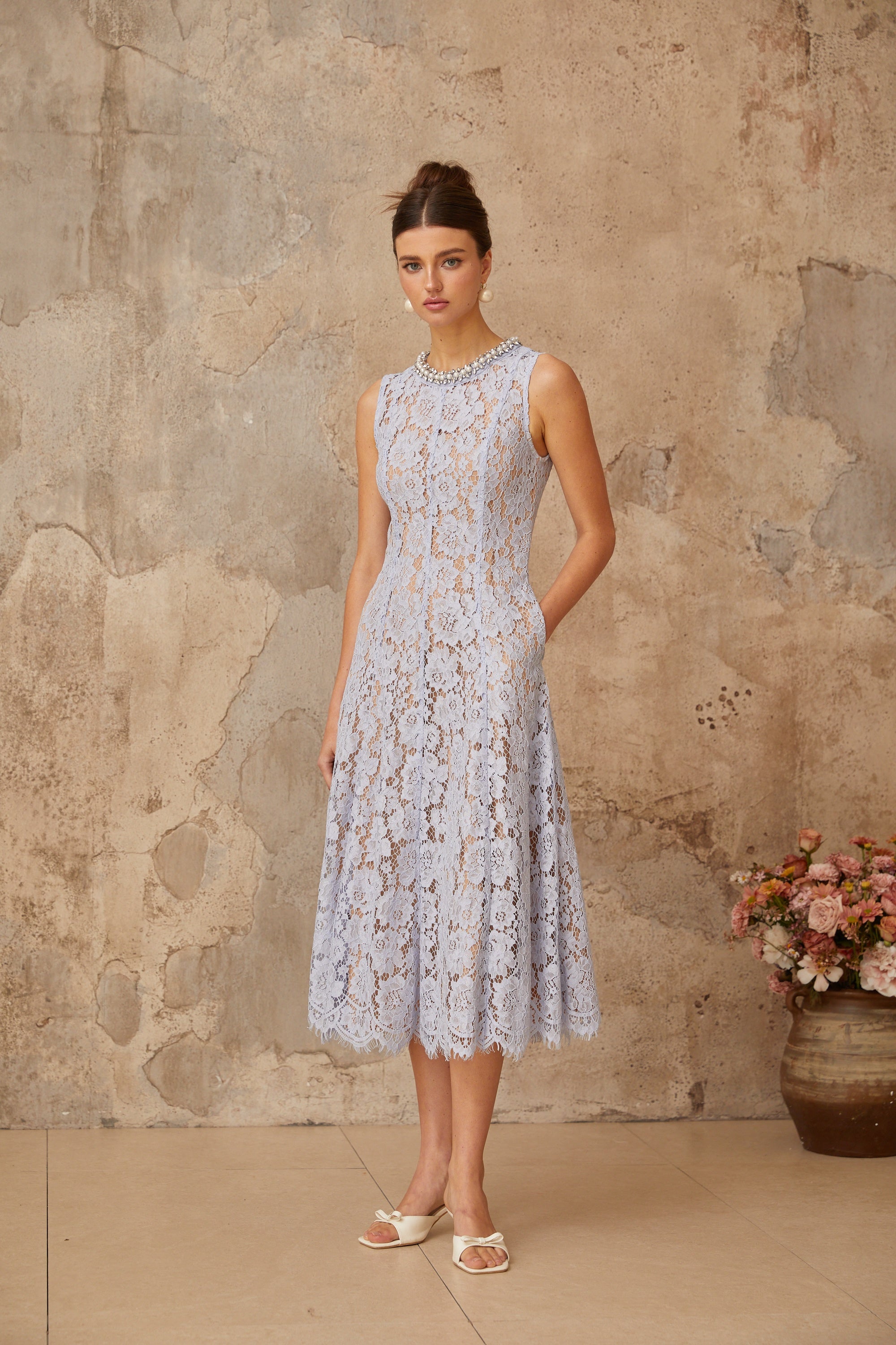 Lison blue embellished floral-lace midi dress