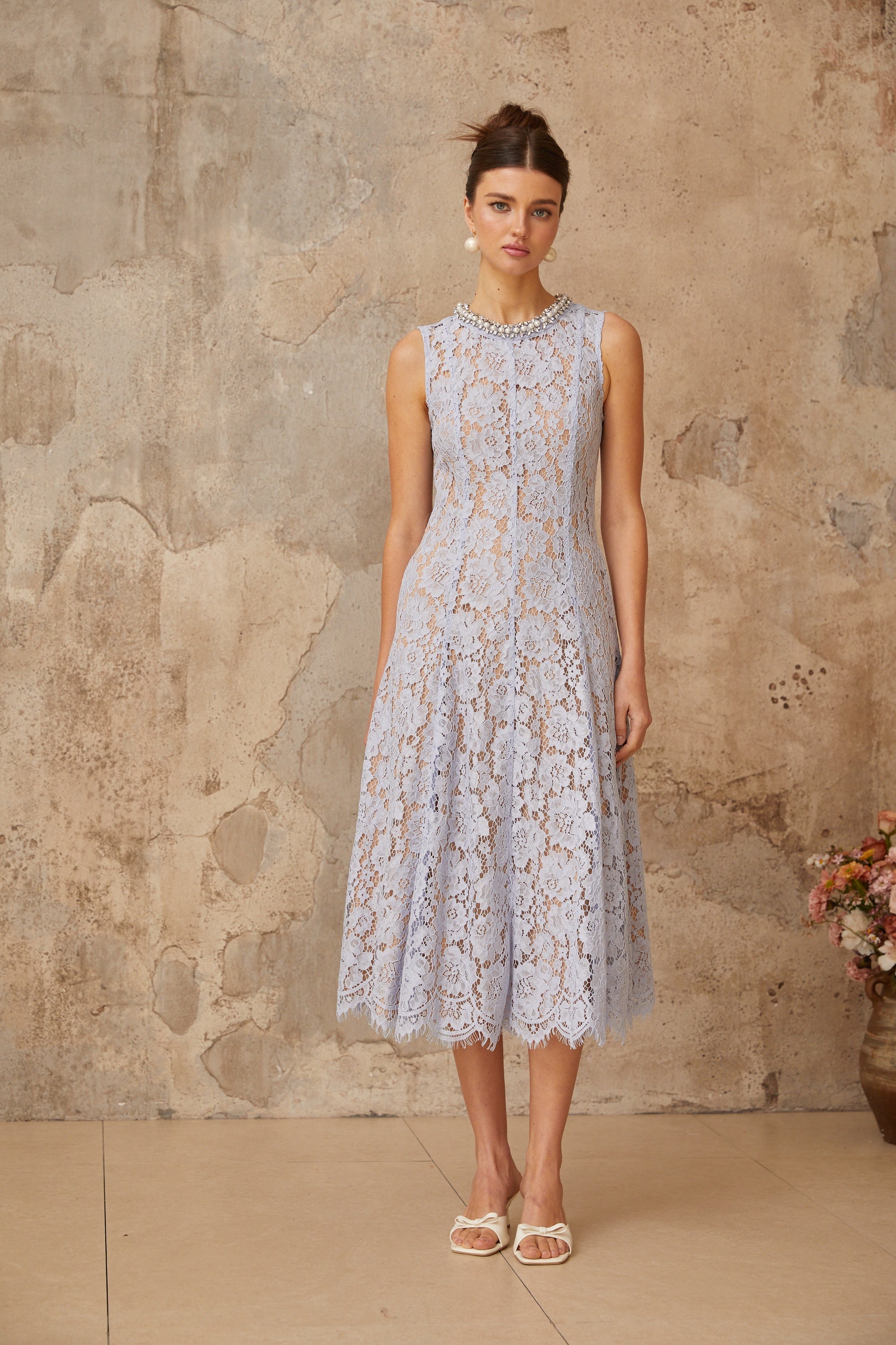 Lison blue embellished floral-lace midi dress