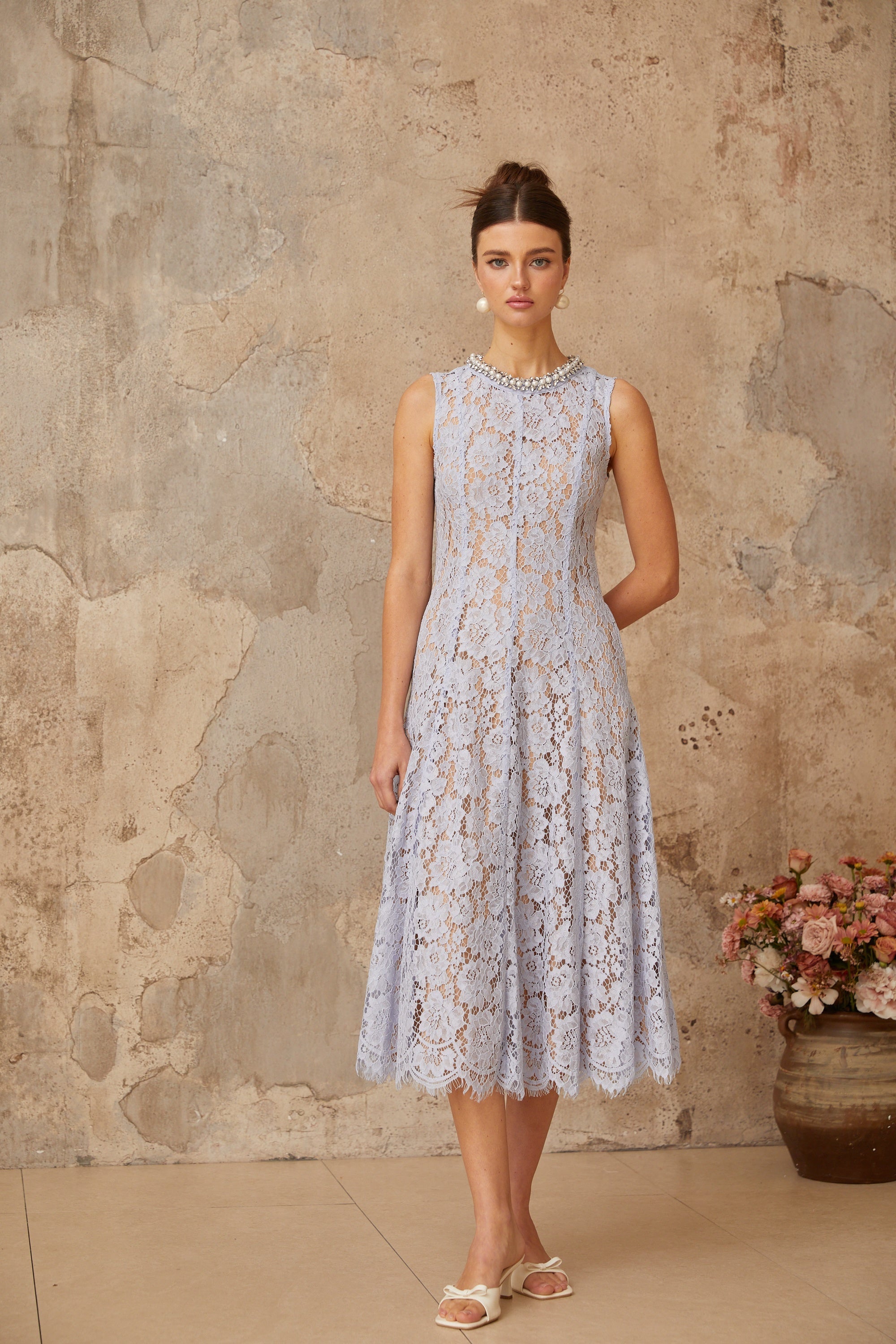 Lison blue embellished floral-lace midi dress