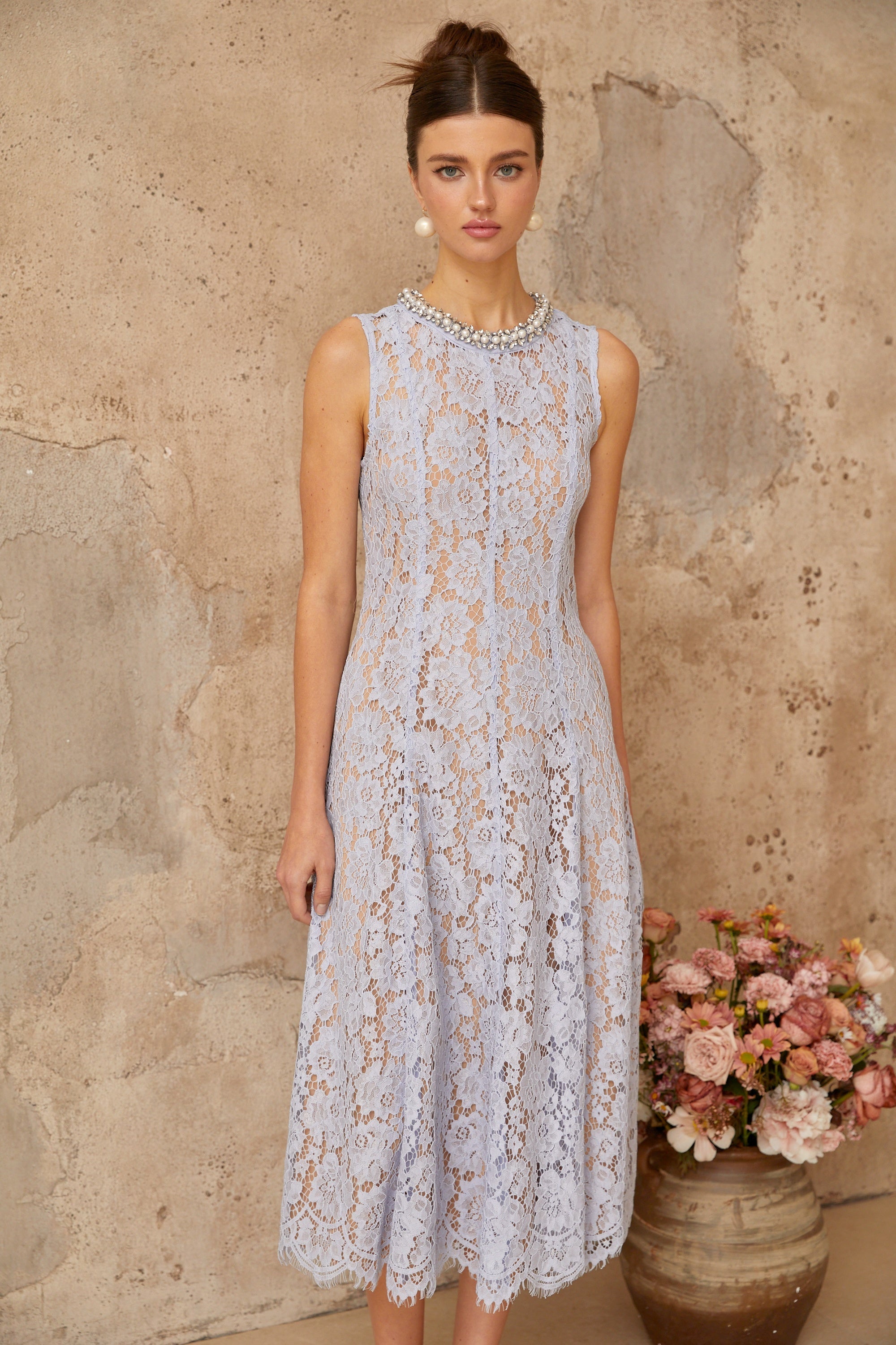 Lison blue embellished floral-lace midi dress