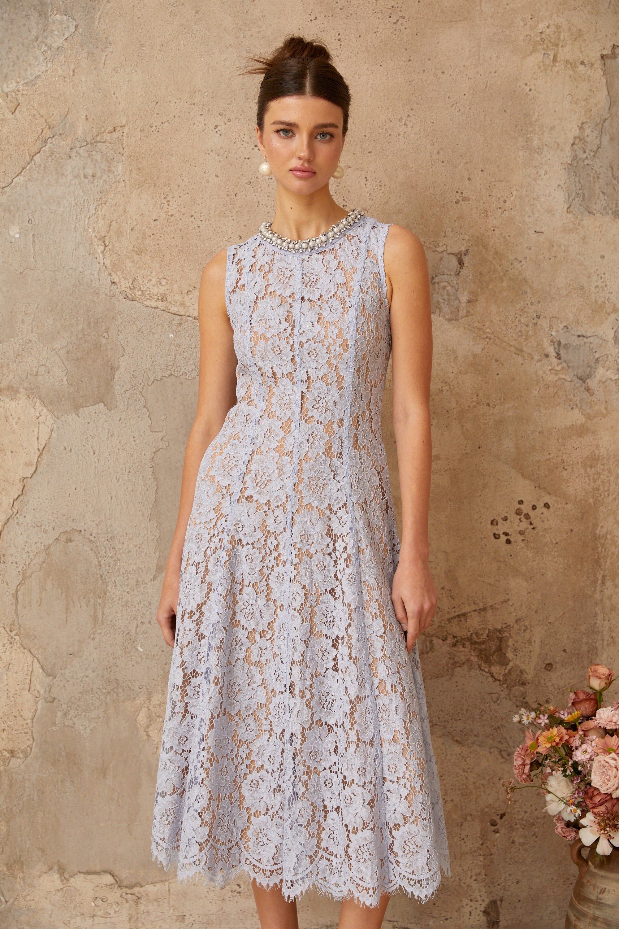 Lison blue embellished floral-lace midi dress
