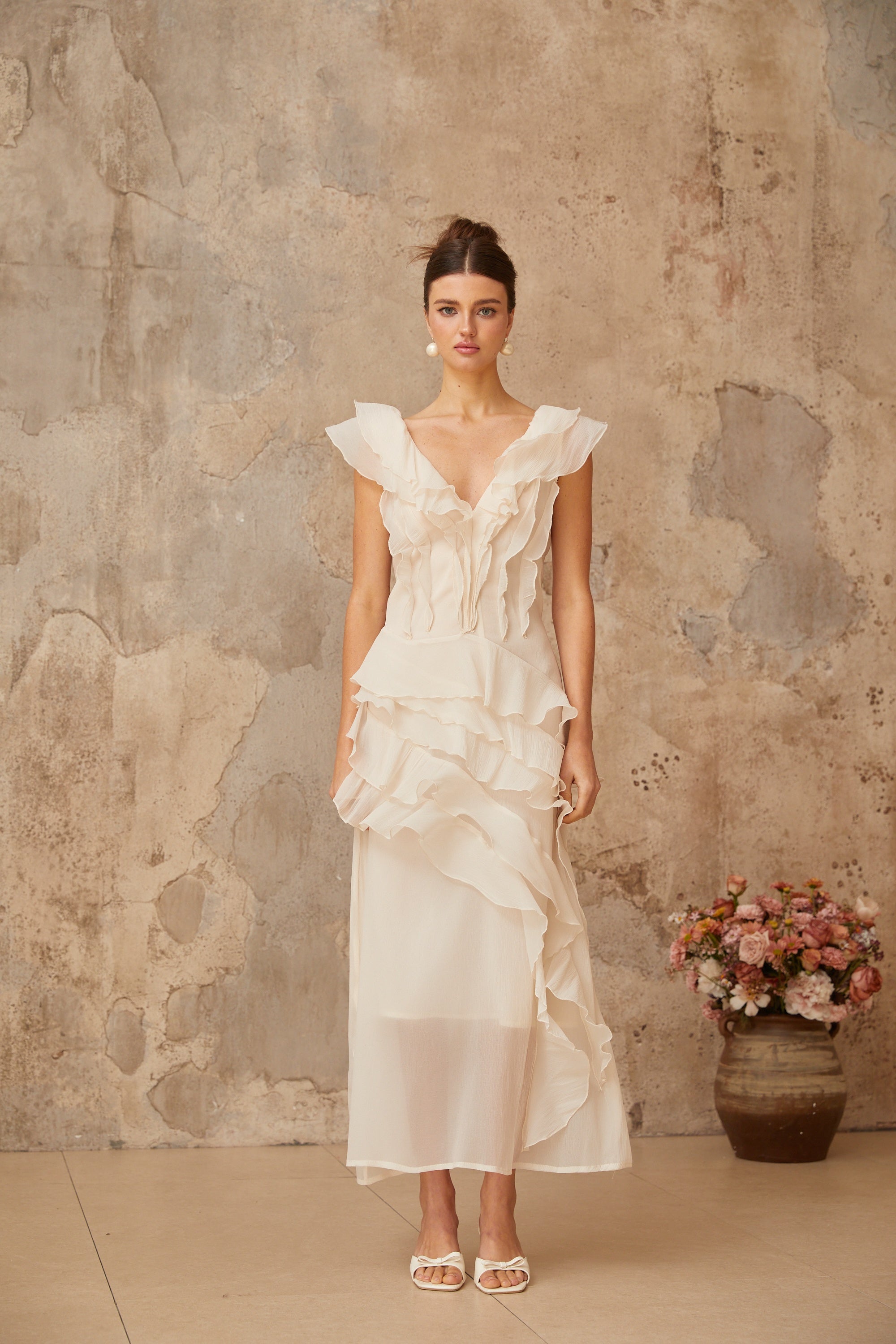 Hélène faux-flower layered ruffled maxi dress