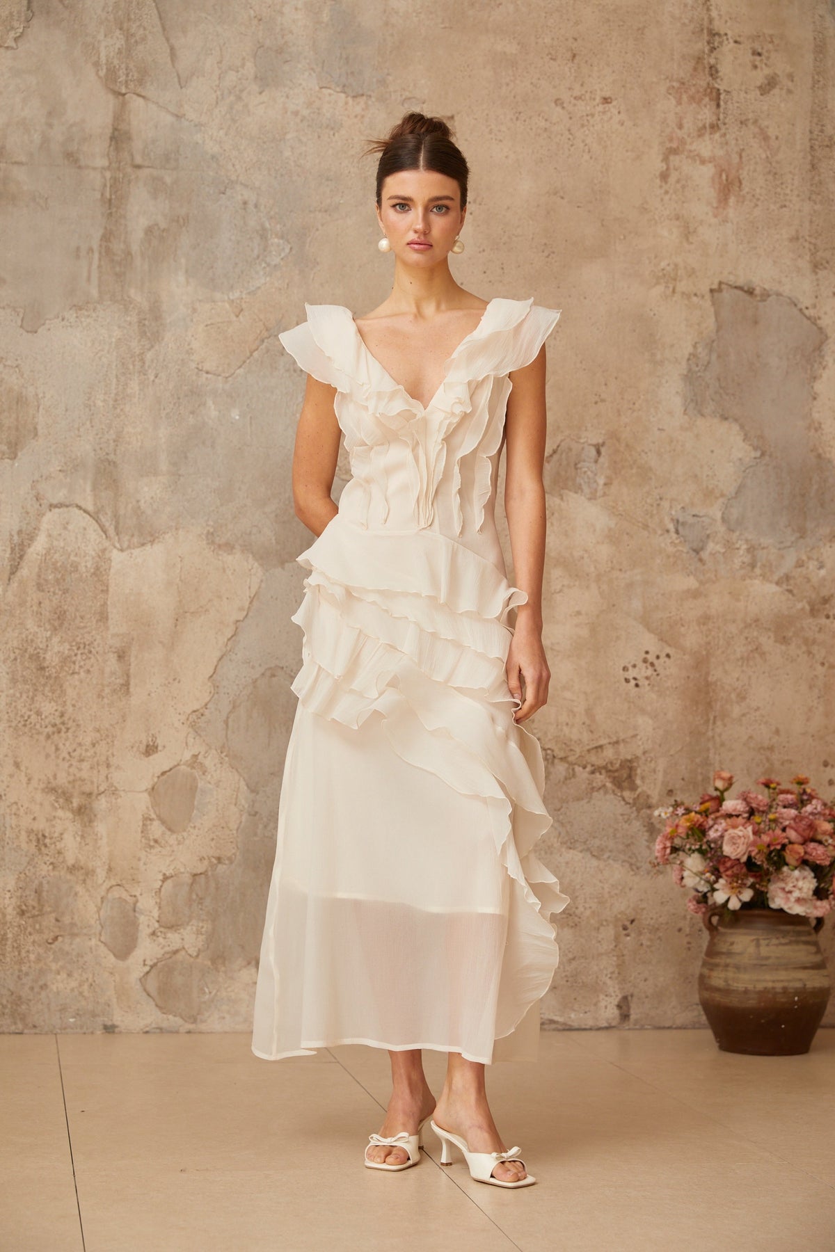 Hélène faux-flower layered ruffled maxi dress
