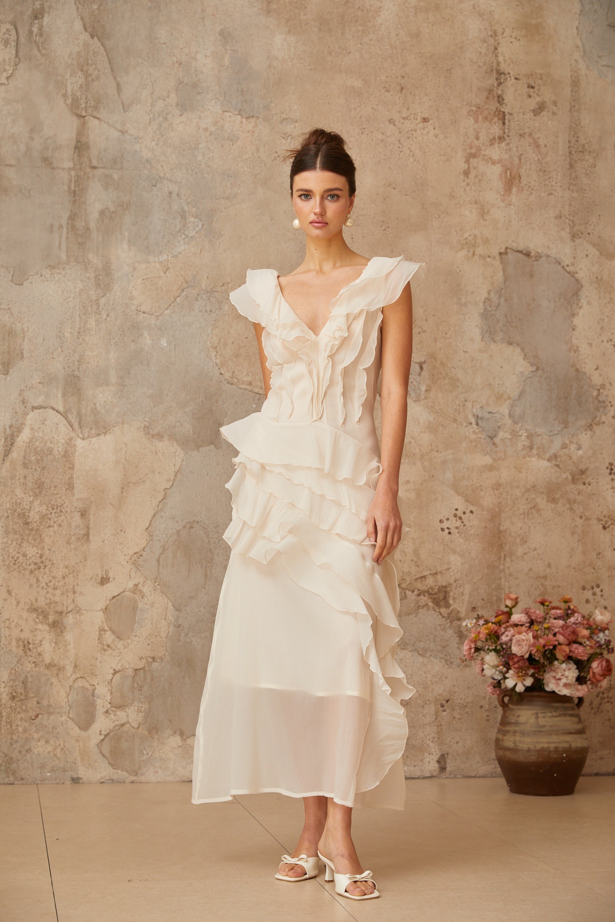 Hélène faux-flower layered ruffled maxi dress