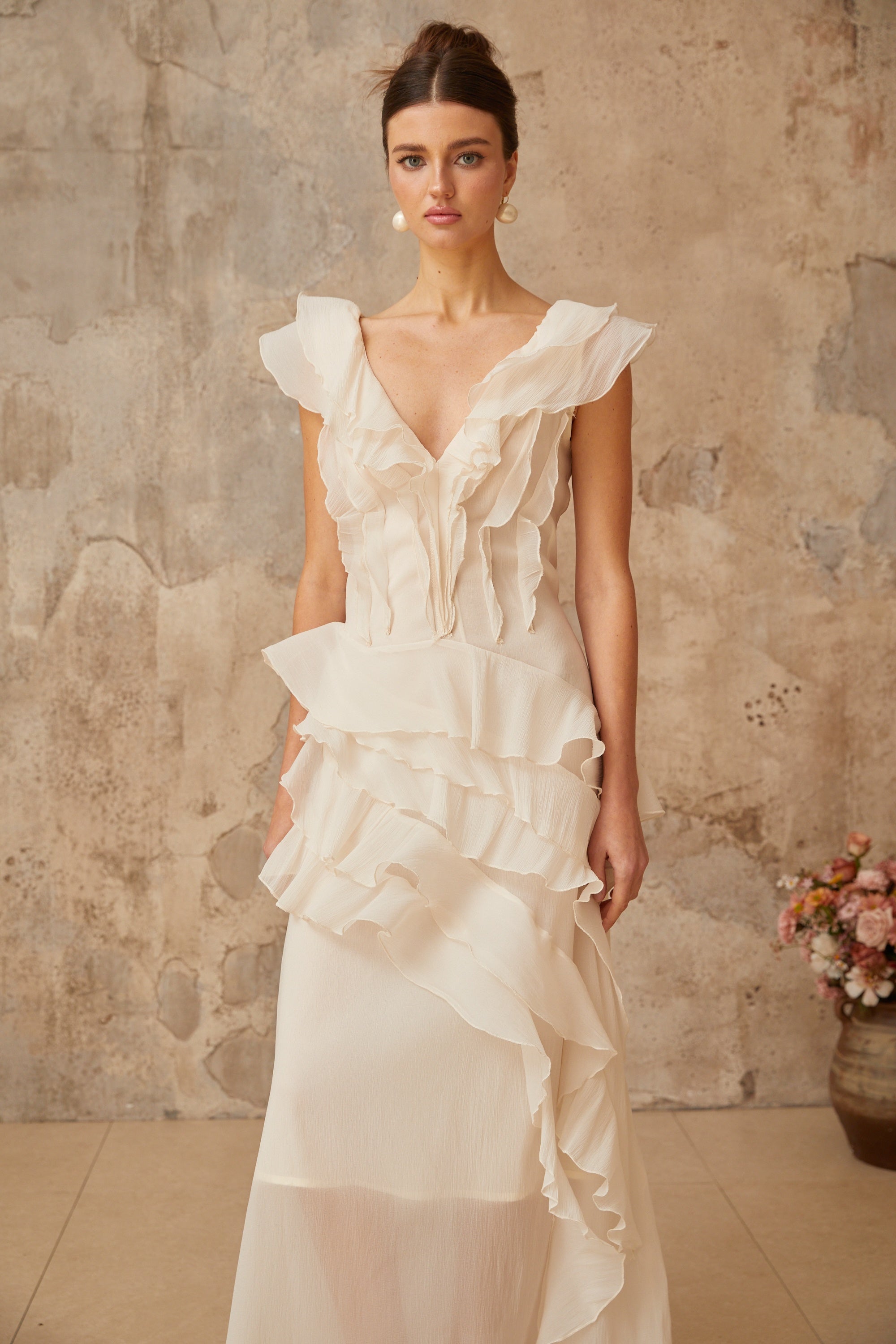 Hélène faux-flower layered ruffled maxi dress