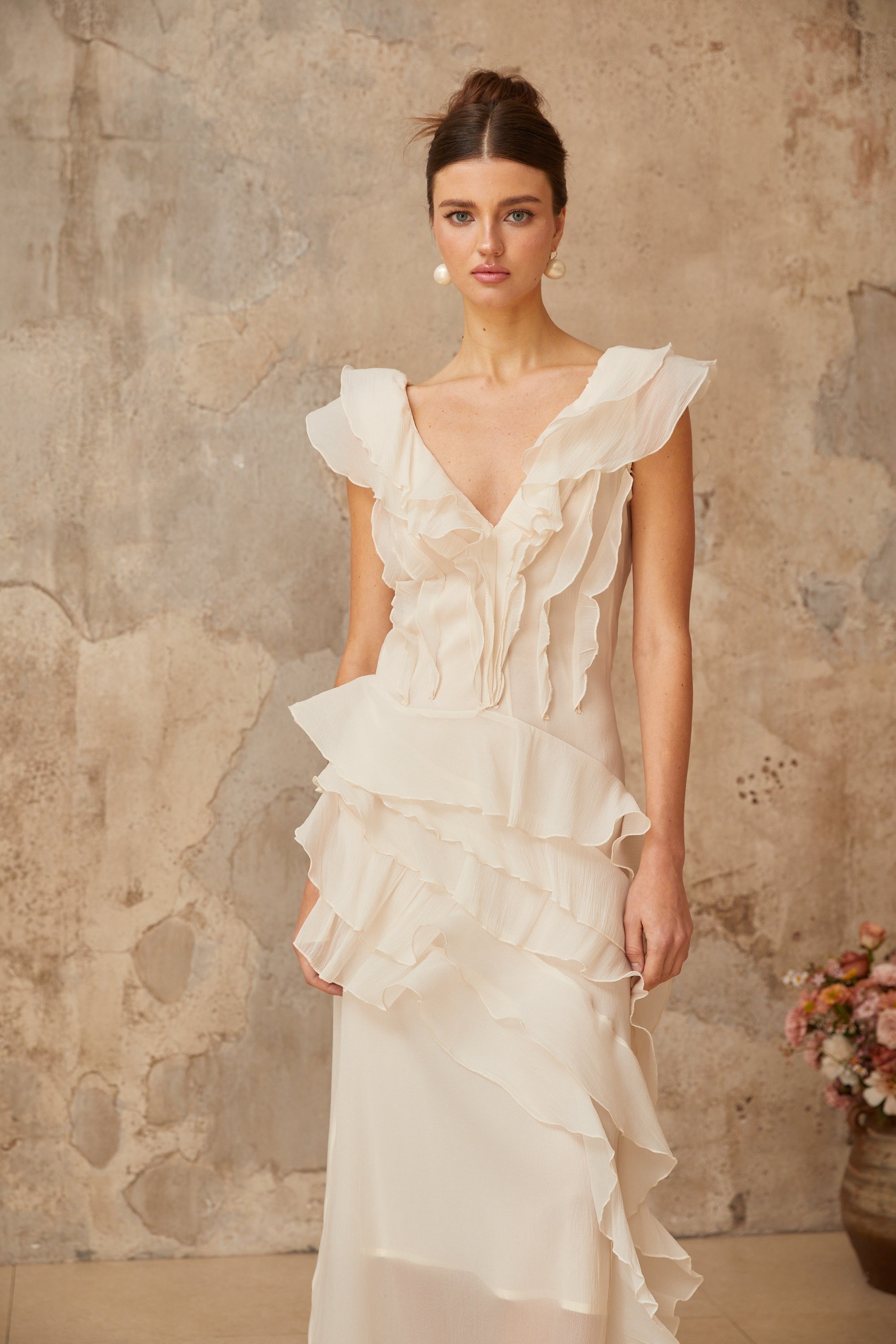 Hélène faux-flower layered ruffled maxi dress