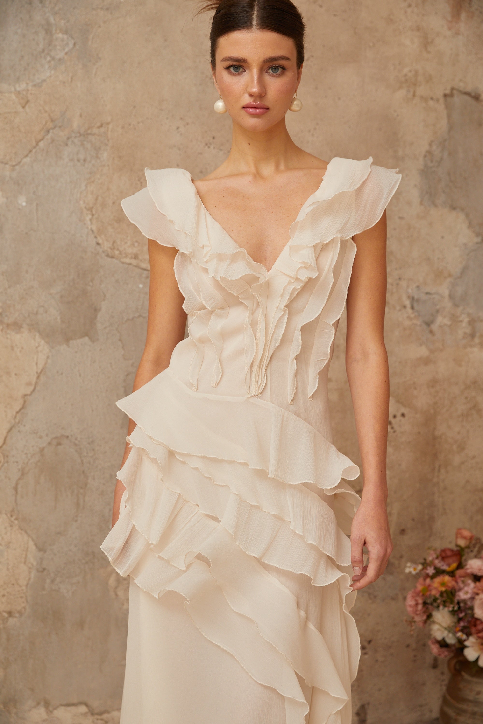 Hélène faux-flower layered ruffled maxi dress