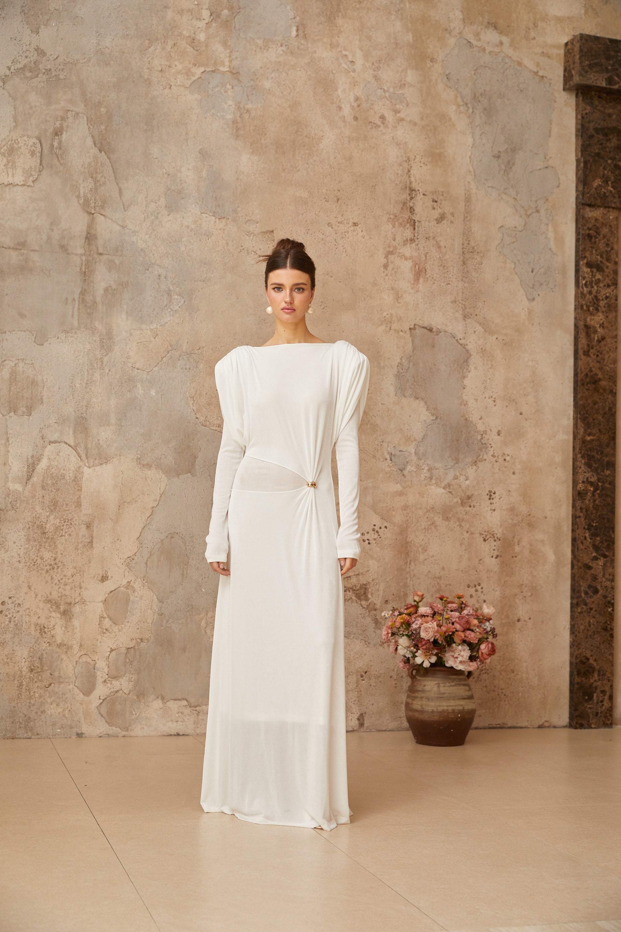 Margot white draped shirred maxi dress