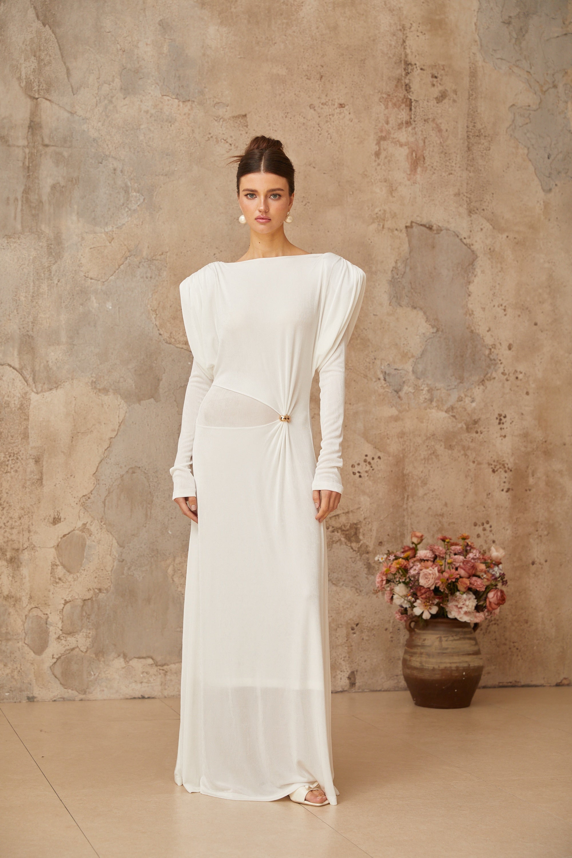 Margot white draped shirred maxi dress