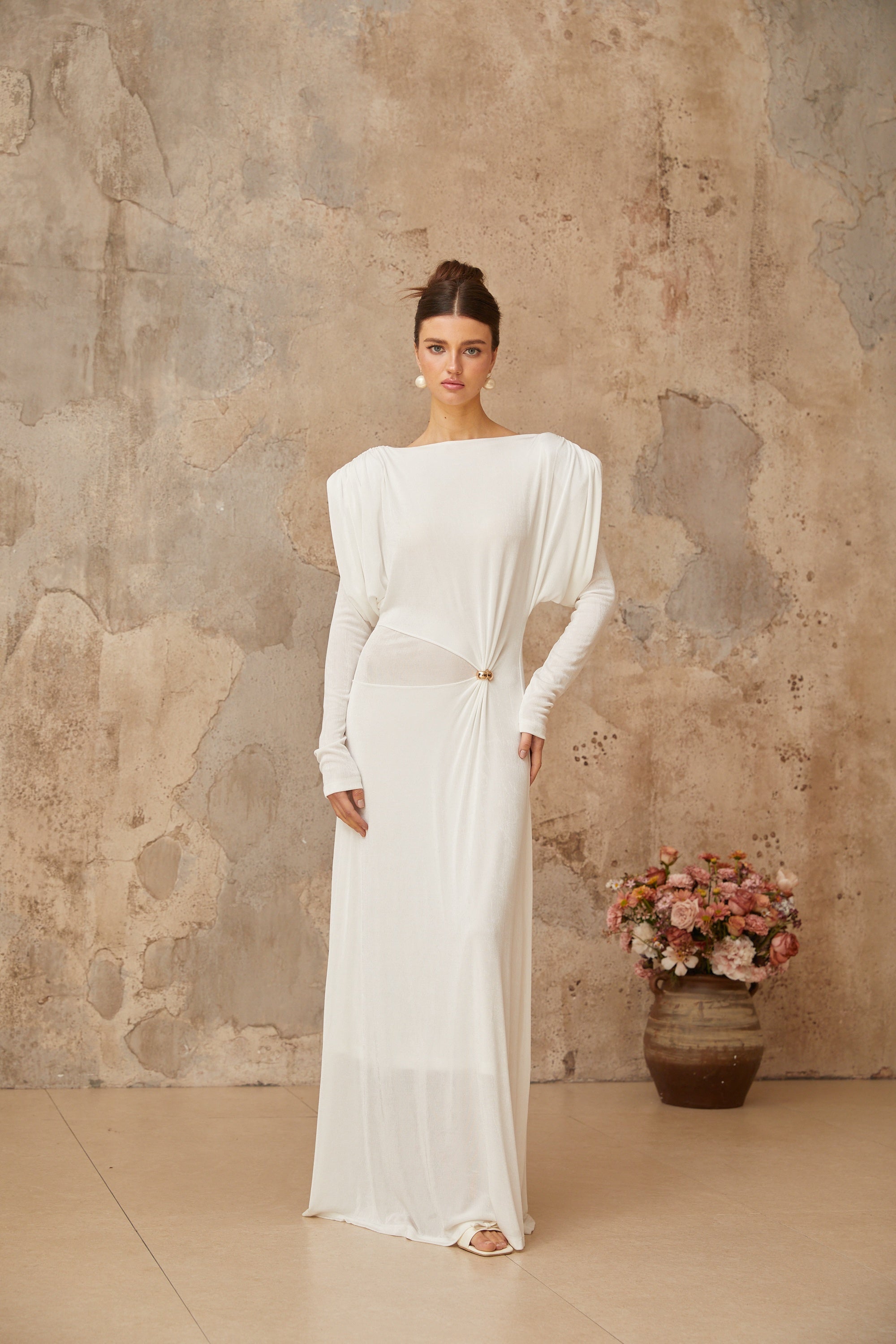 Margot white draped shirred maxi dress