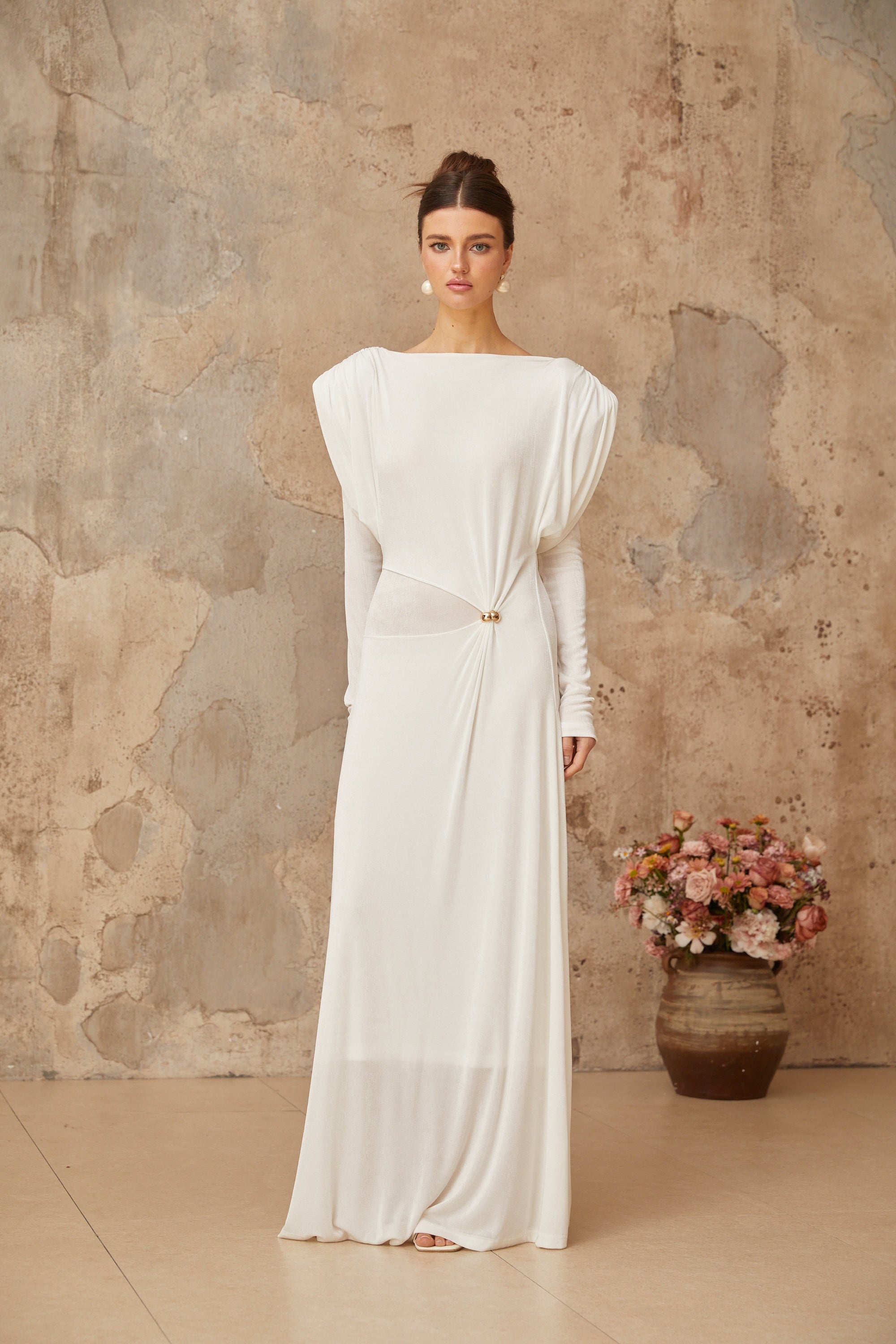Margot white draped shirred maxi dress