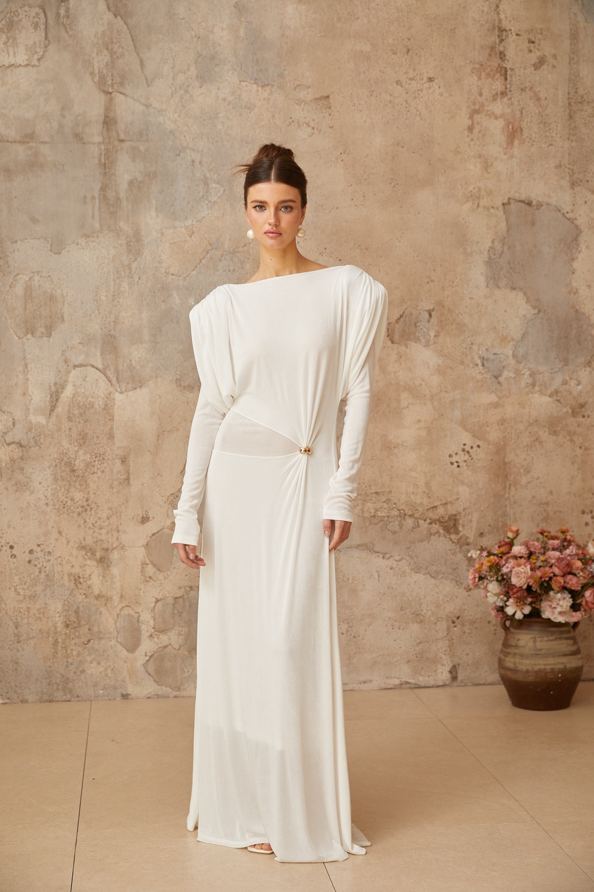 Margot white draped shirred maxi dress