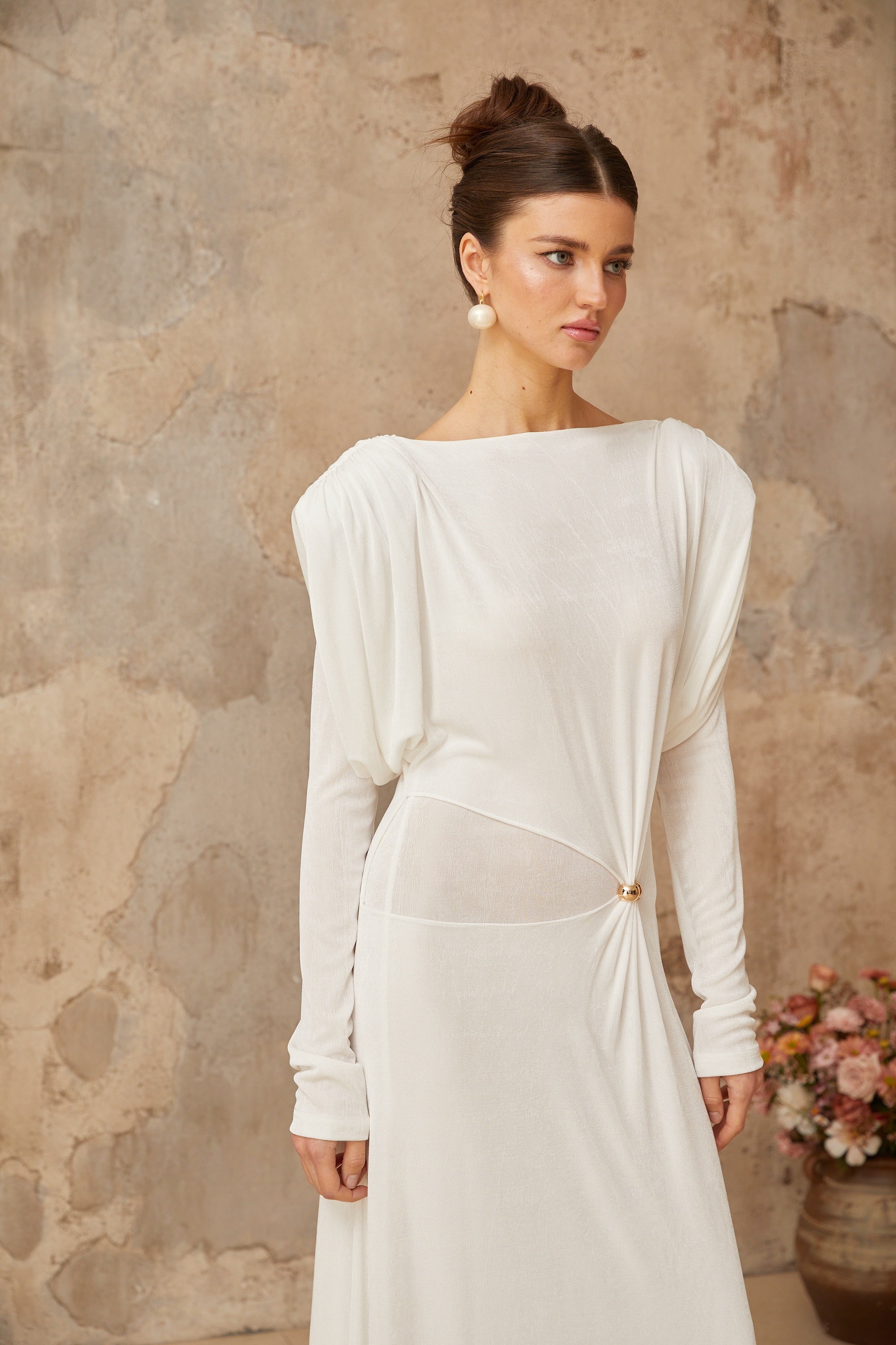 Margot white draped shirred maxi dress