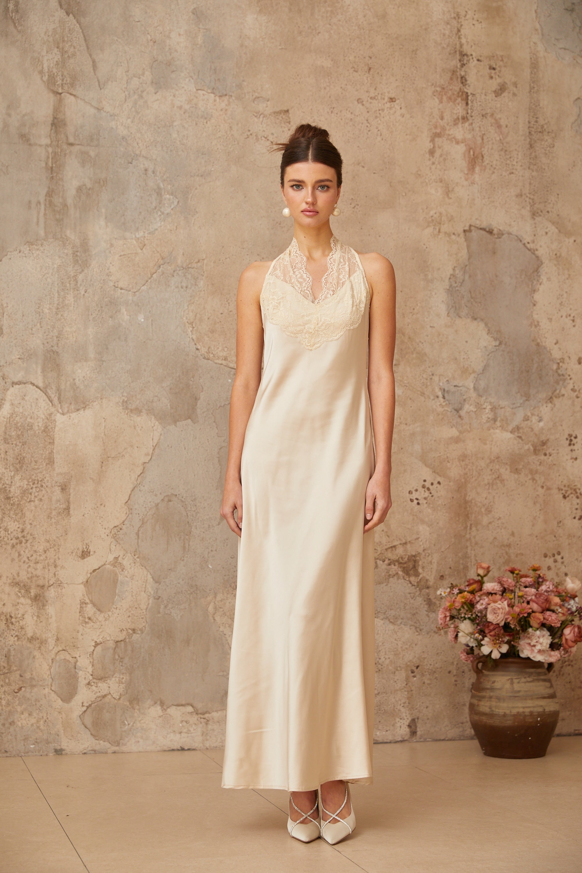 Vera White Lace Trim Satin Maxi Dress