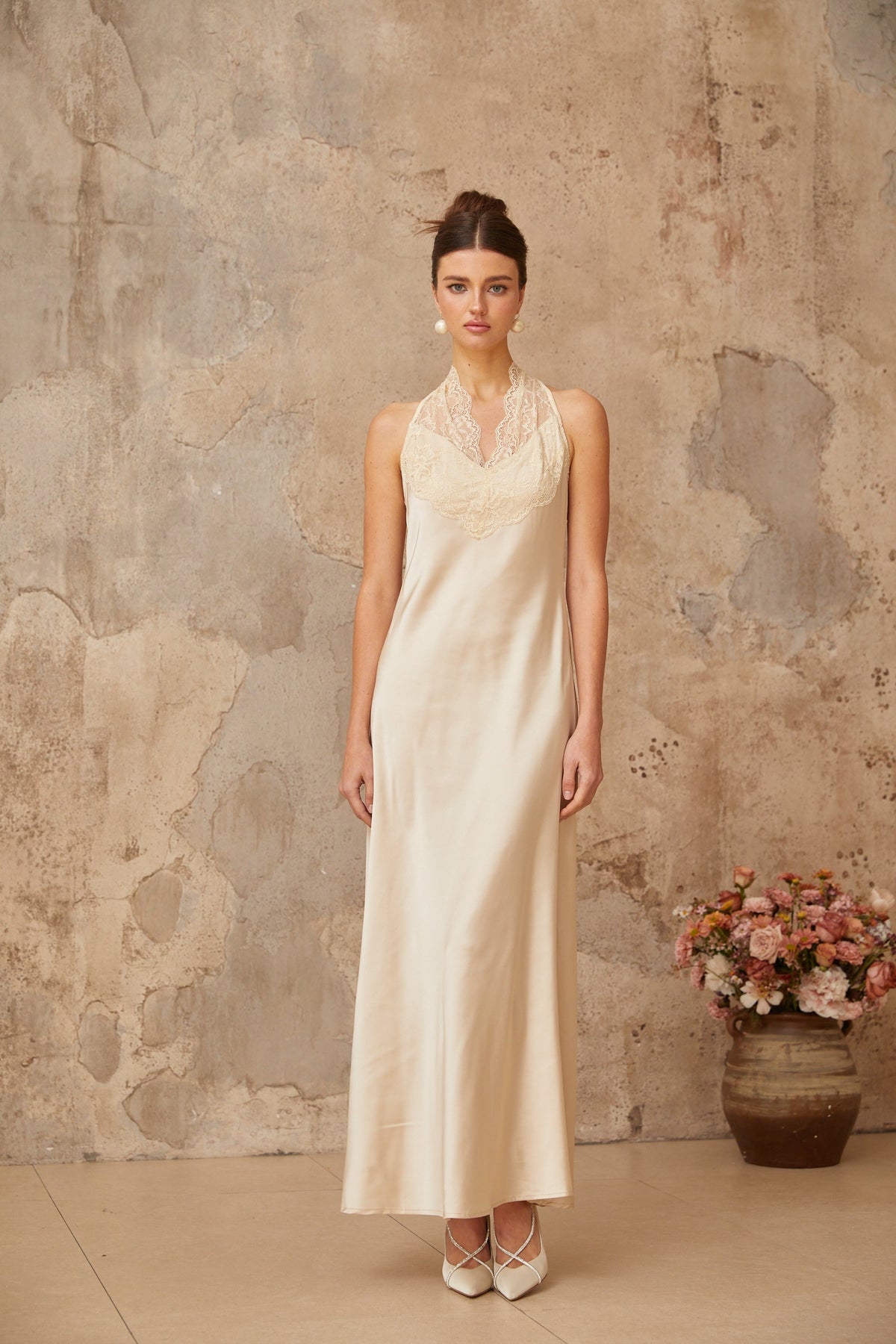 Vera White Lace Trim Satin Maxi Dress