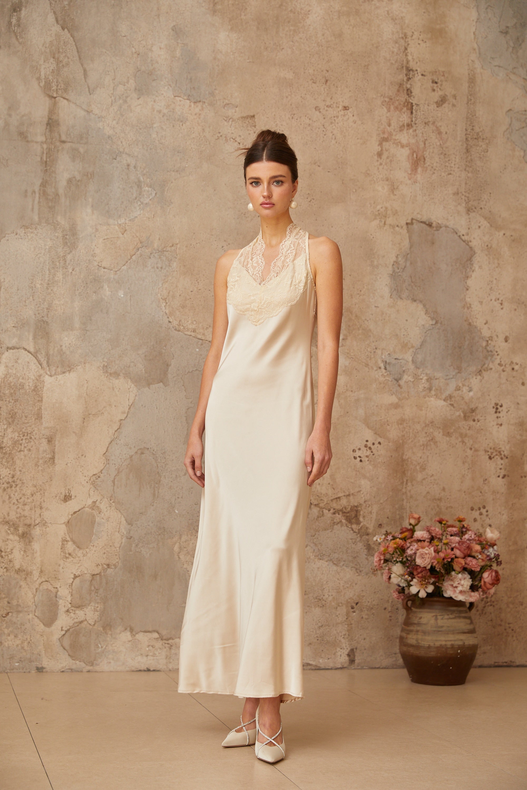 Vera White Lace Trim Satin Maxi Dress