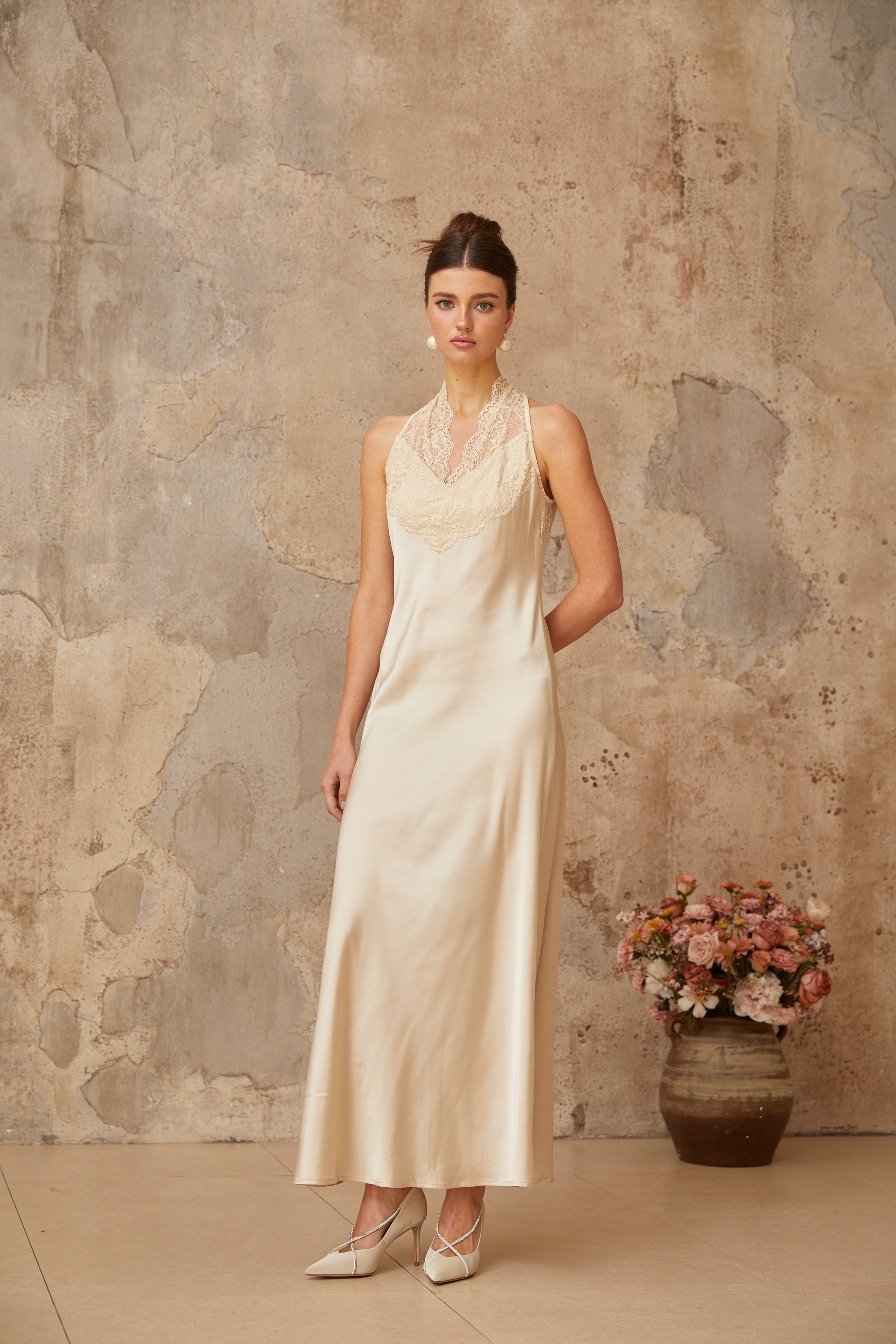 Vera White Lace Trim Satin Maxi Dress