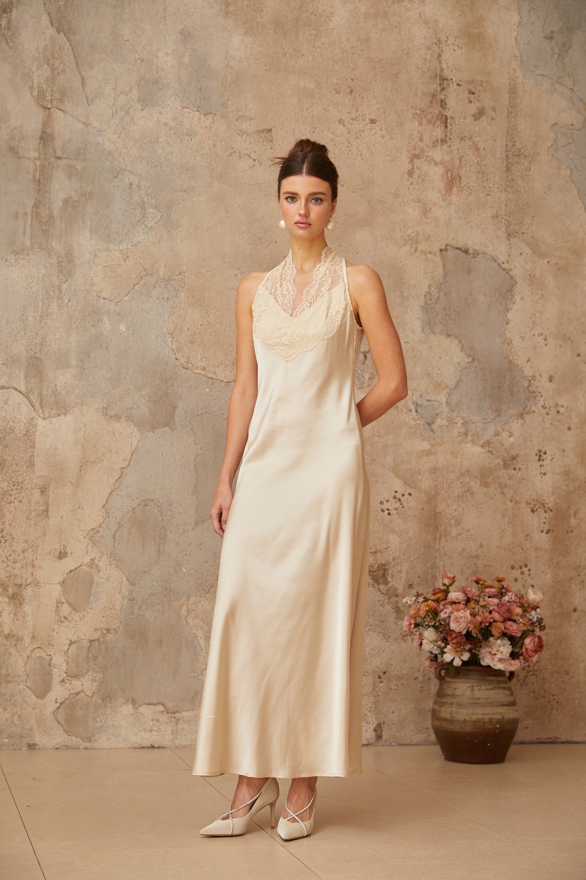 Vera White Lace Trim Satin Maxi Dress
