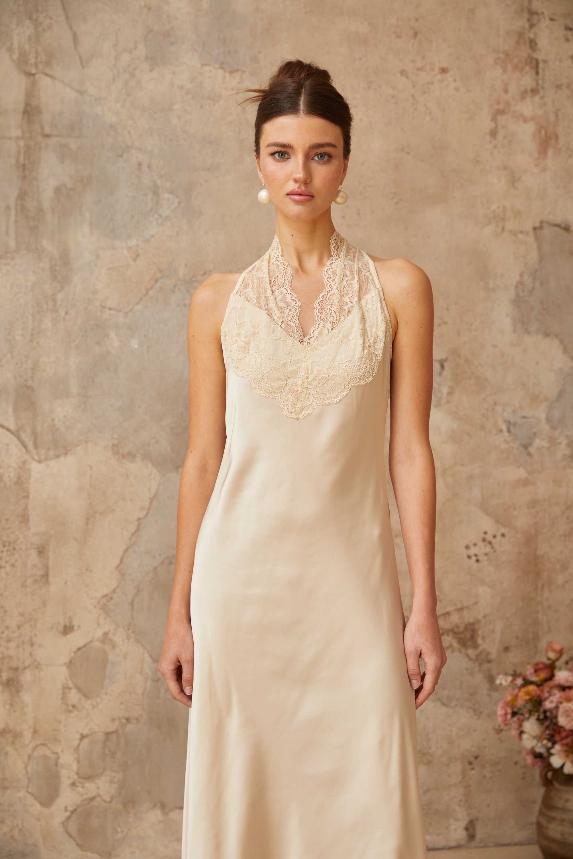 Vera White Lace Trim Satin Maxi Dress