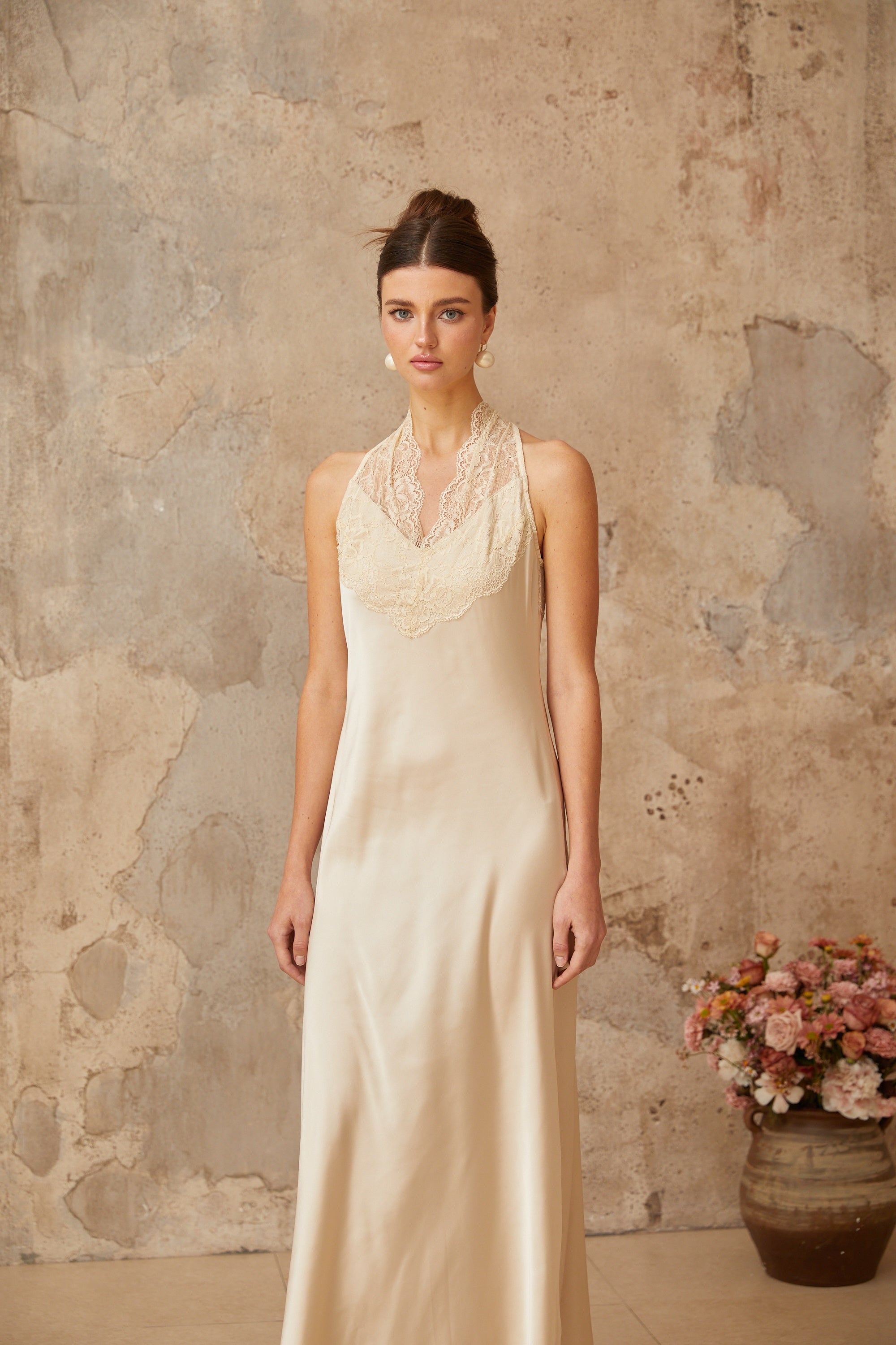 Vera White Lace Trim Satin Maxi Dress